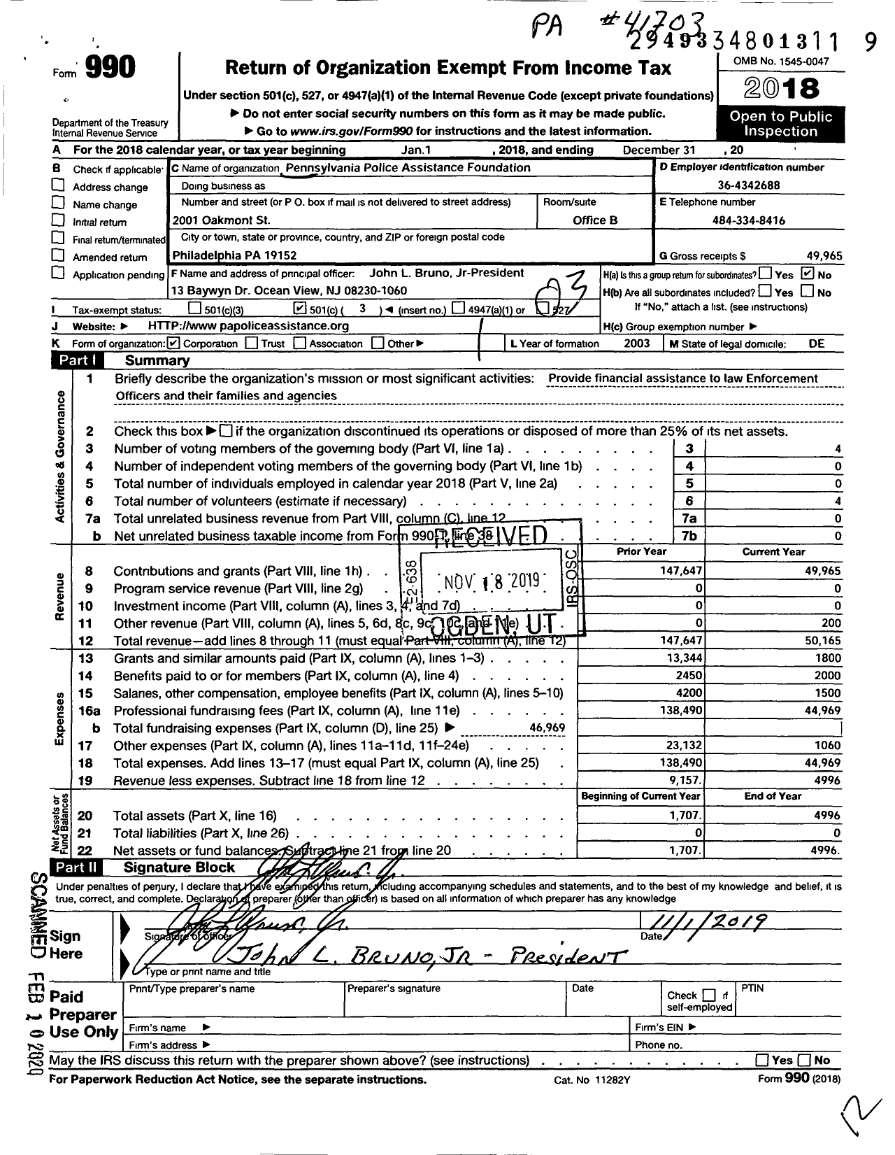 Image of first page of 2018 Form 990 for Pennsylvania Police Assistance Foundation