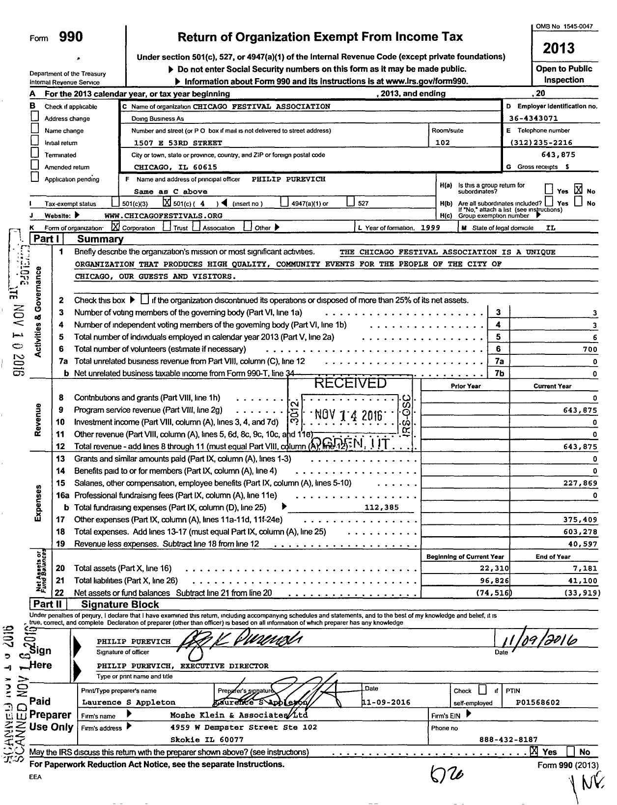 Image of first page of 2013 Form 990O for Chicago Festival Association
