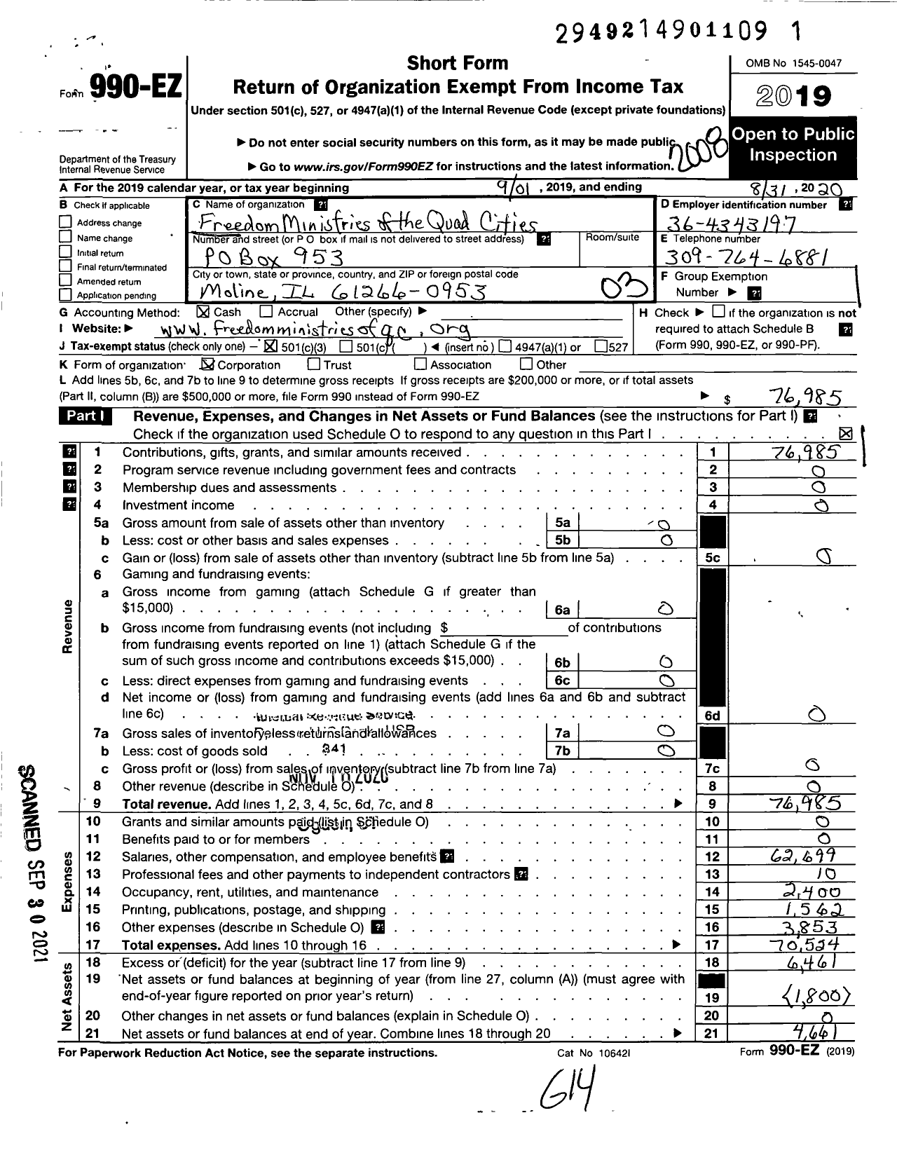 Image of first page of 2019 Form 990EZ for Freedom Ministries of the Quad Cities