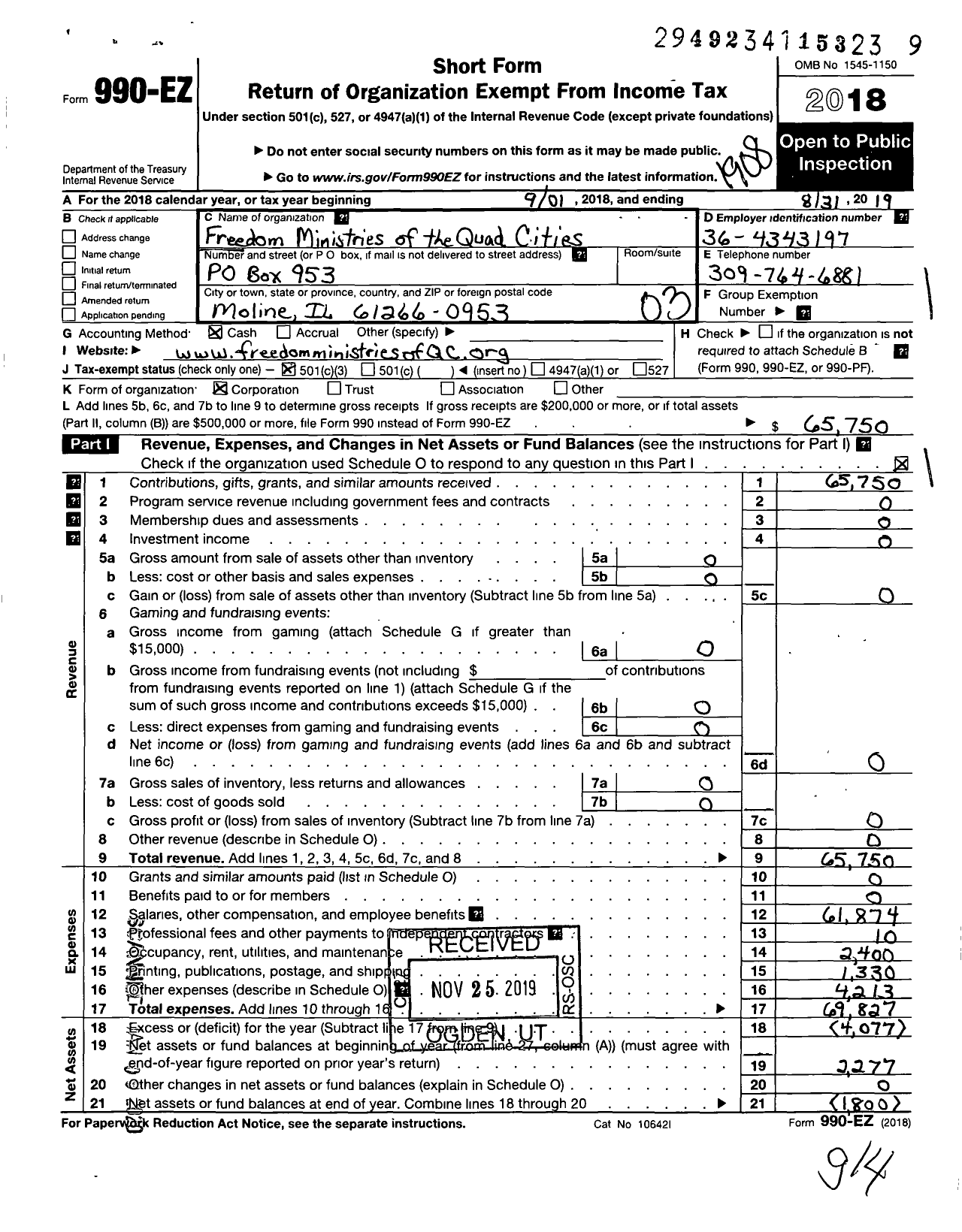 Image of first page of 2018 Form 990EZ for Freedom Ministries of the Quad Cities