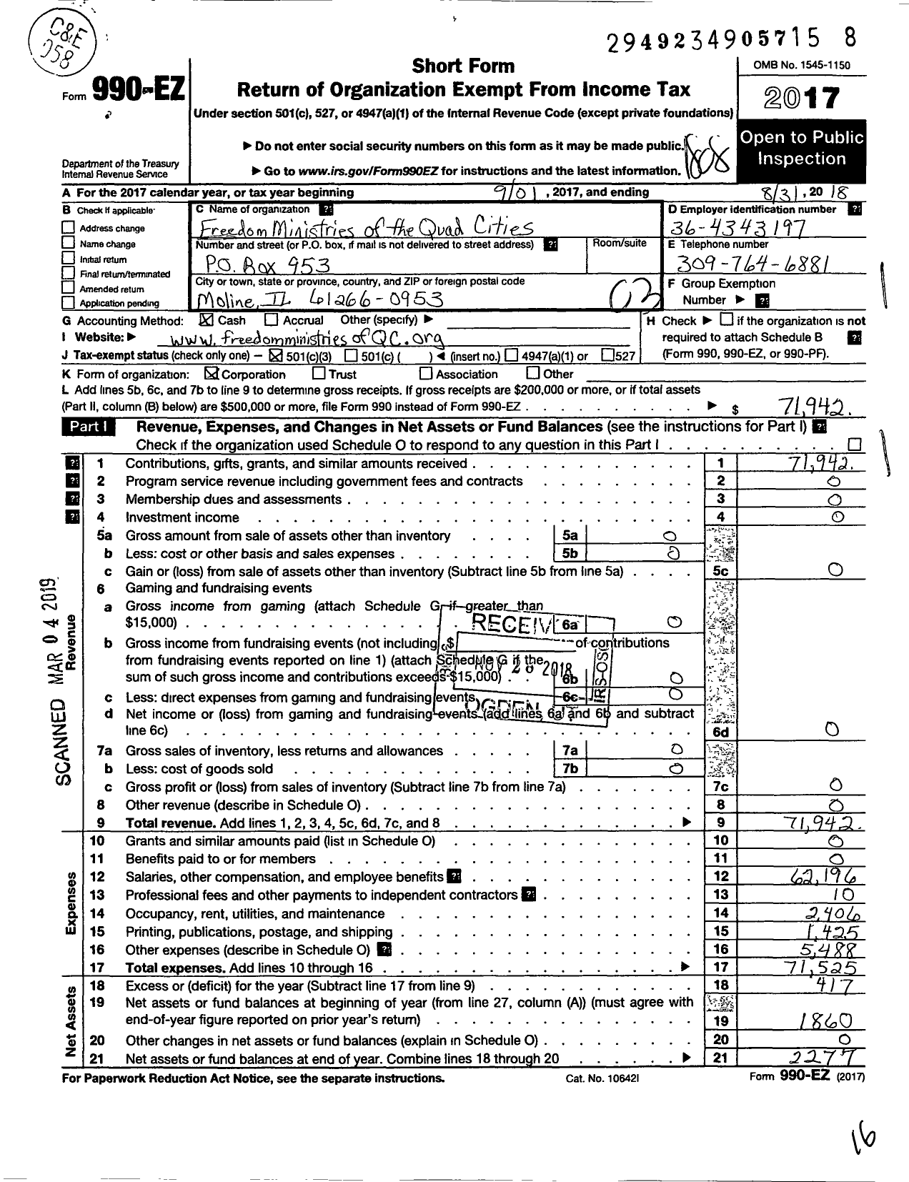 Image of first page of 2017 Form 990EZ for Freedom Ministries of the Quad Cities