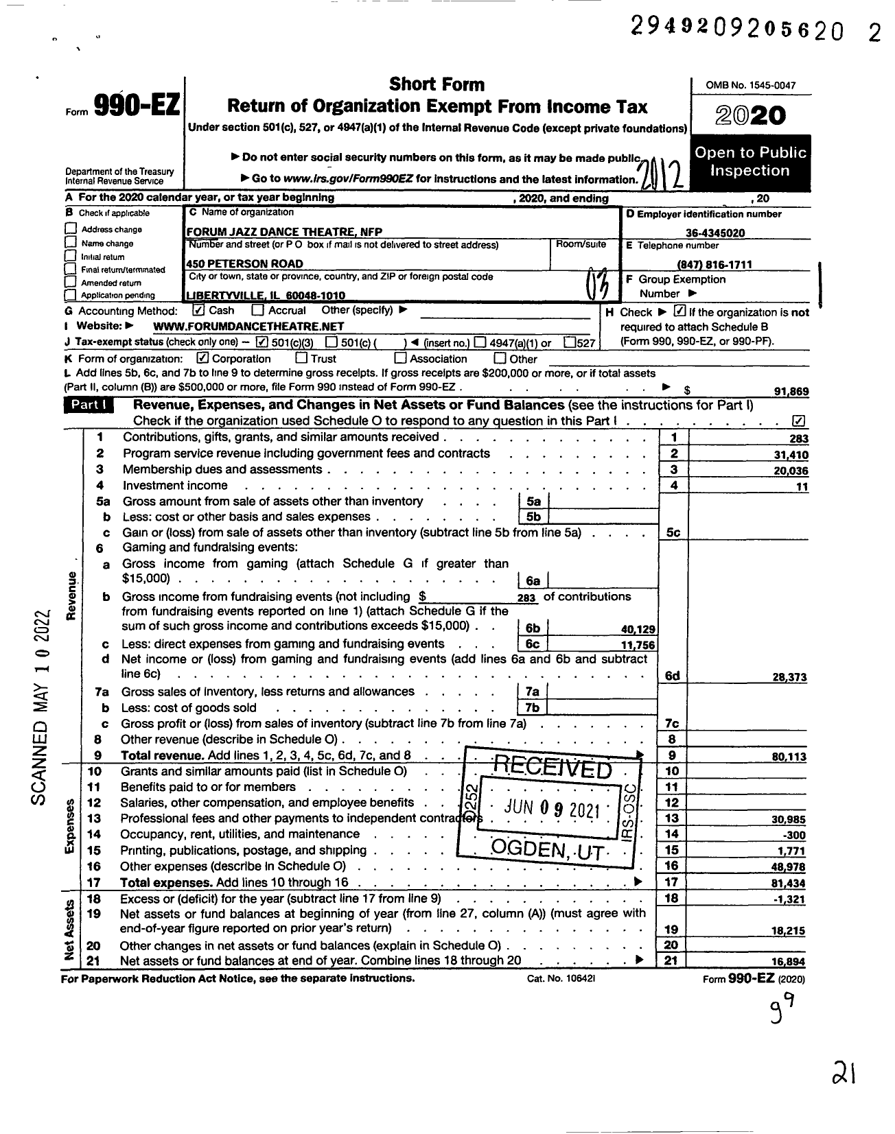 Image of first page of 2020 Form 990EZ for Forum Jazz Dance Theatre