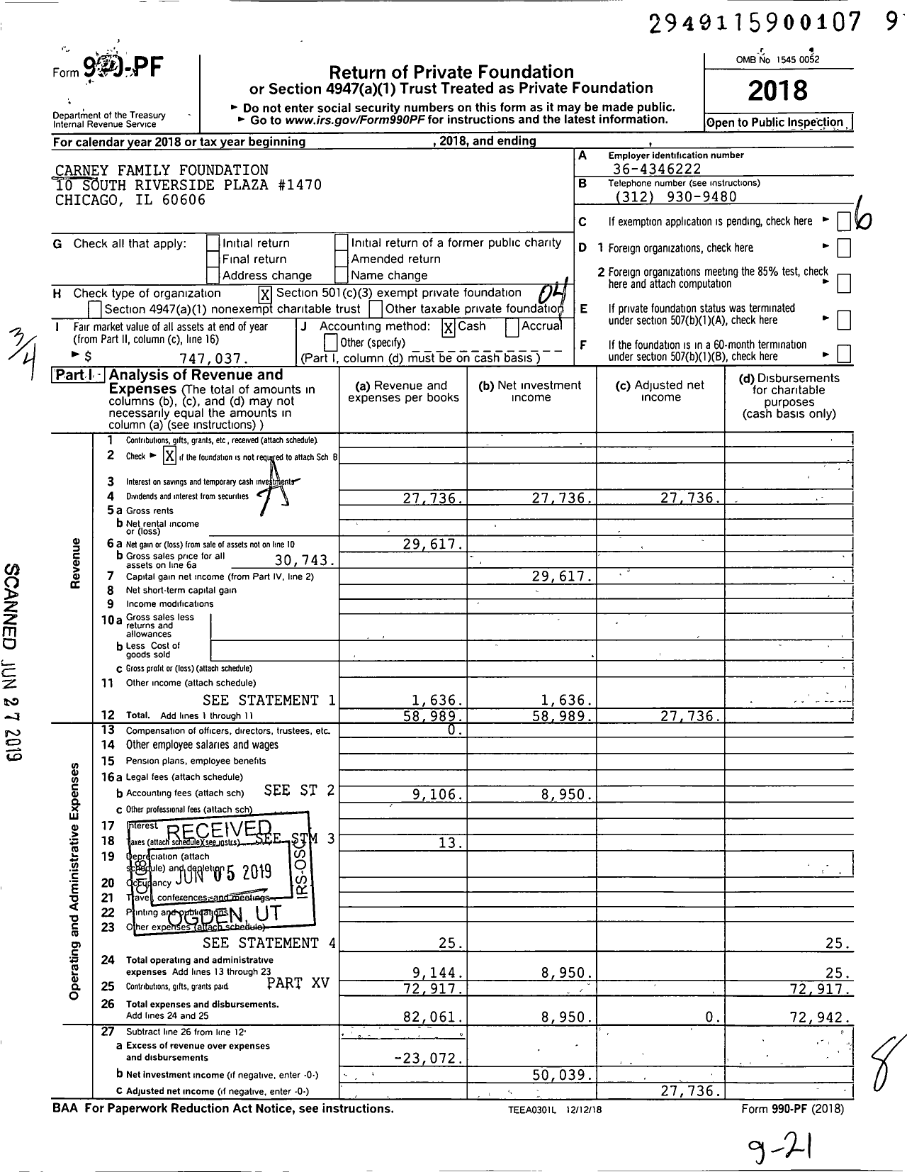 Image of first page of 2018 Form 990PF for Carney Family Foundation