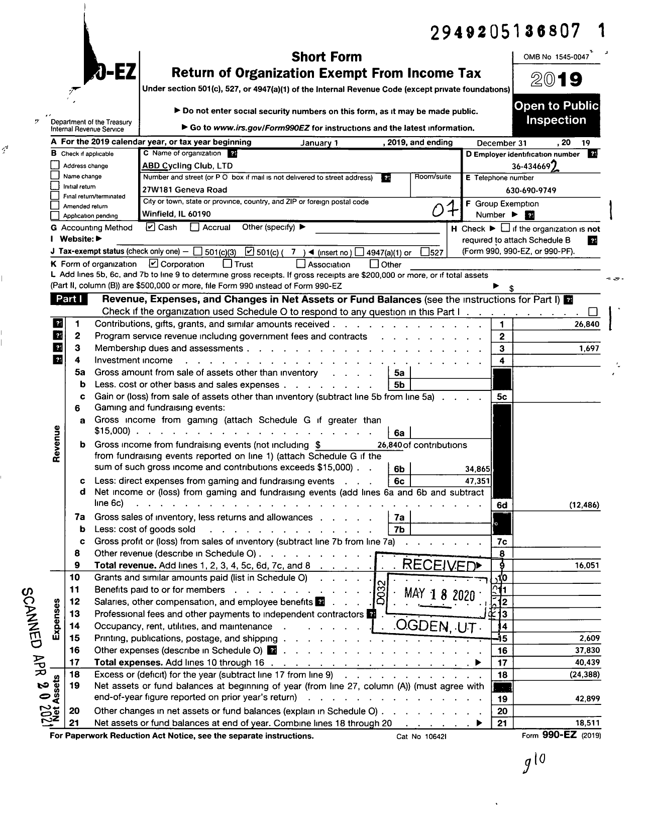 Image of first page of 2019 Form 990EO for Abd Cycling