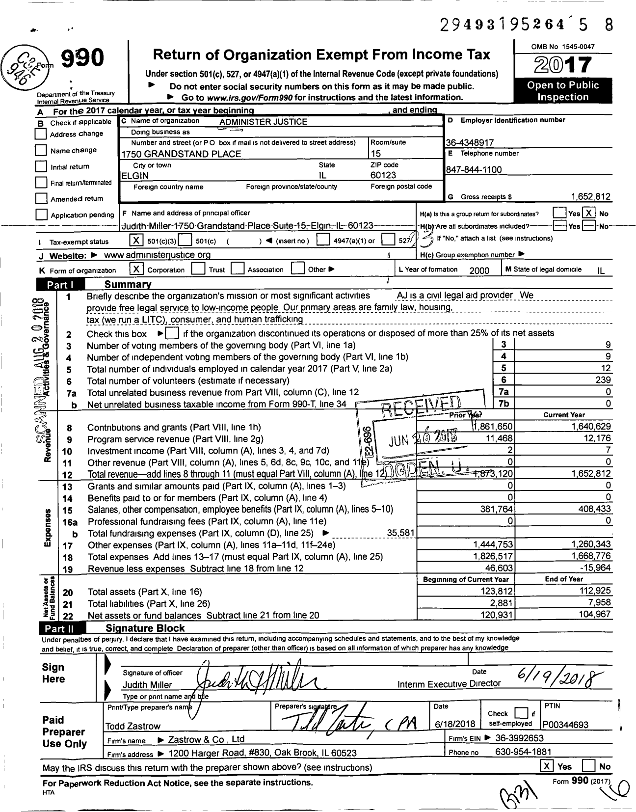 Image of first page of 2017 Form 990 for Administer Justice