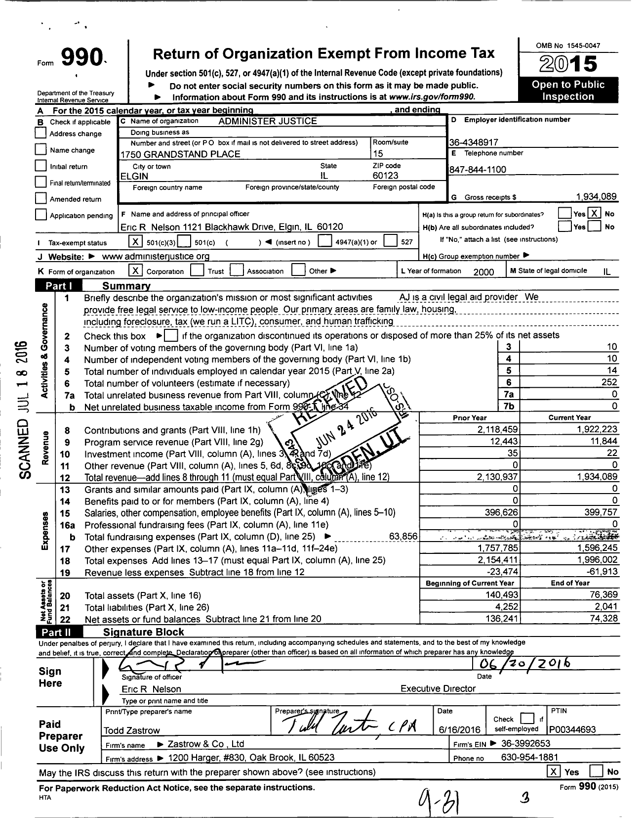 Image of first page of 2015 Form 990 for Administer Justice