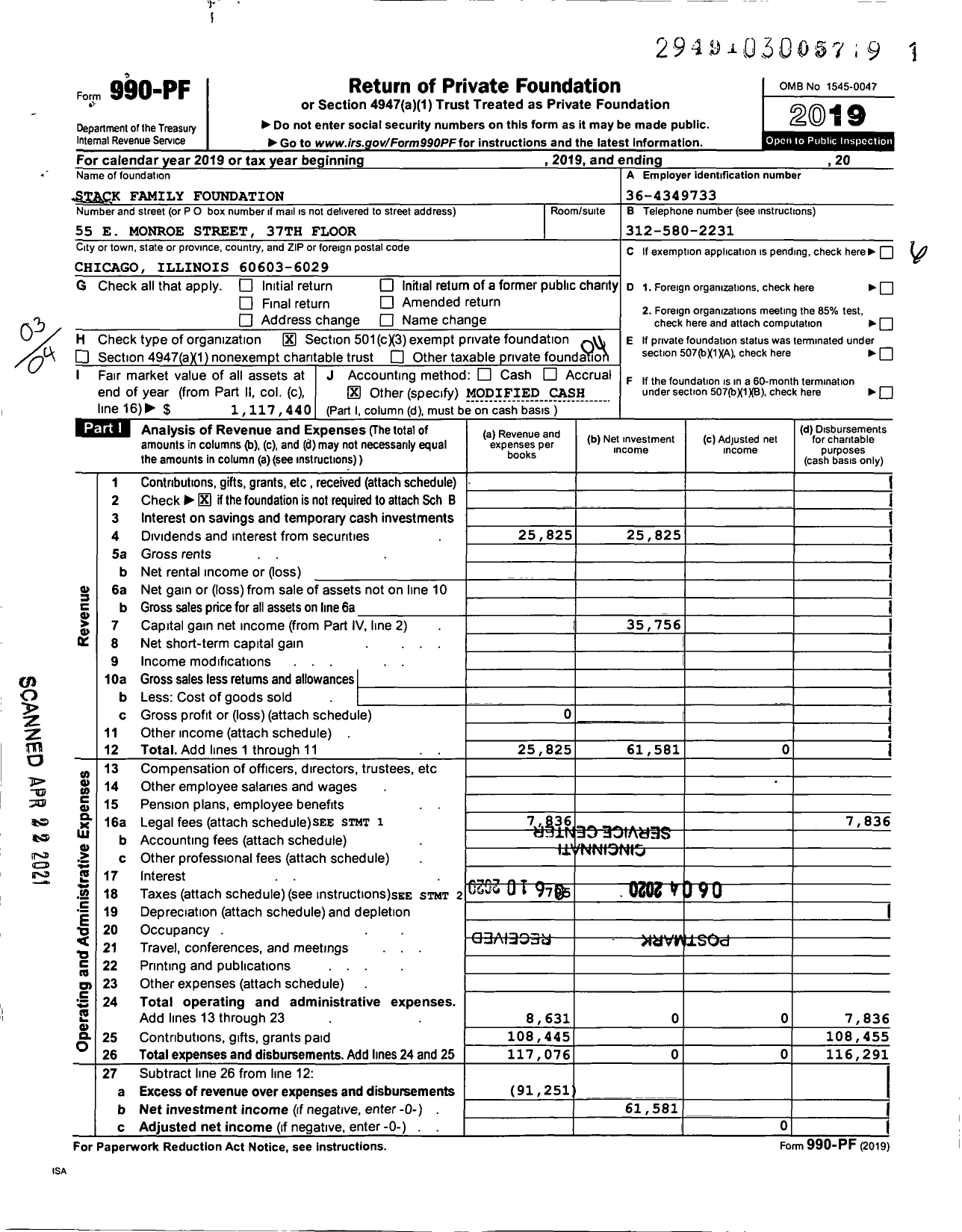 Image of first page of 2019 Form 990PF for Stack Family Foundation