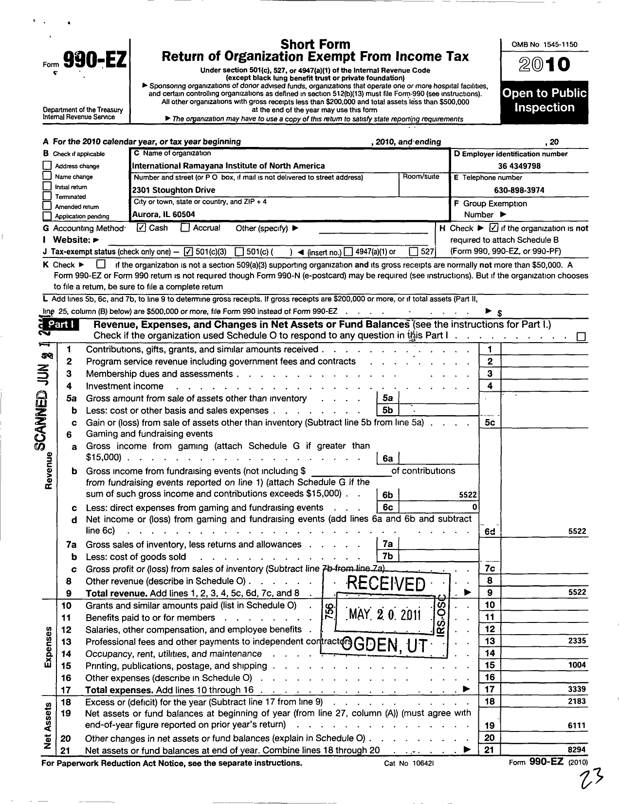 Image of first page of 2010 Form 990EZ for International Ramayana Institute of North America