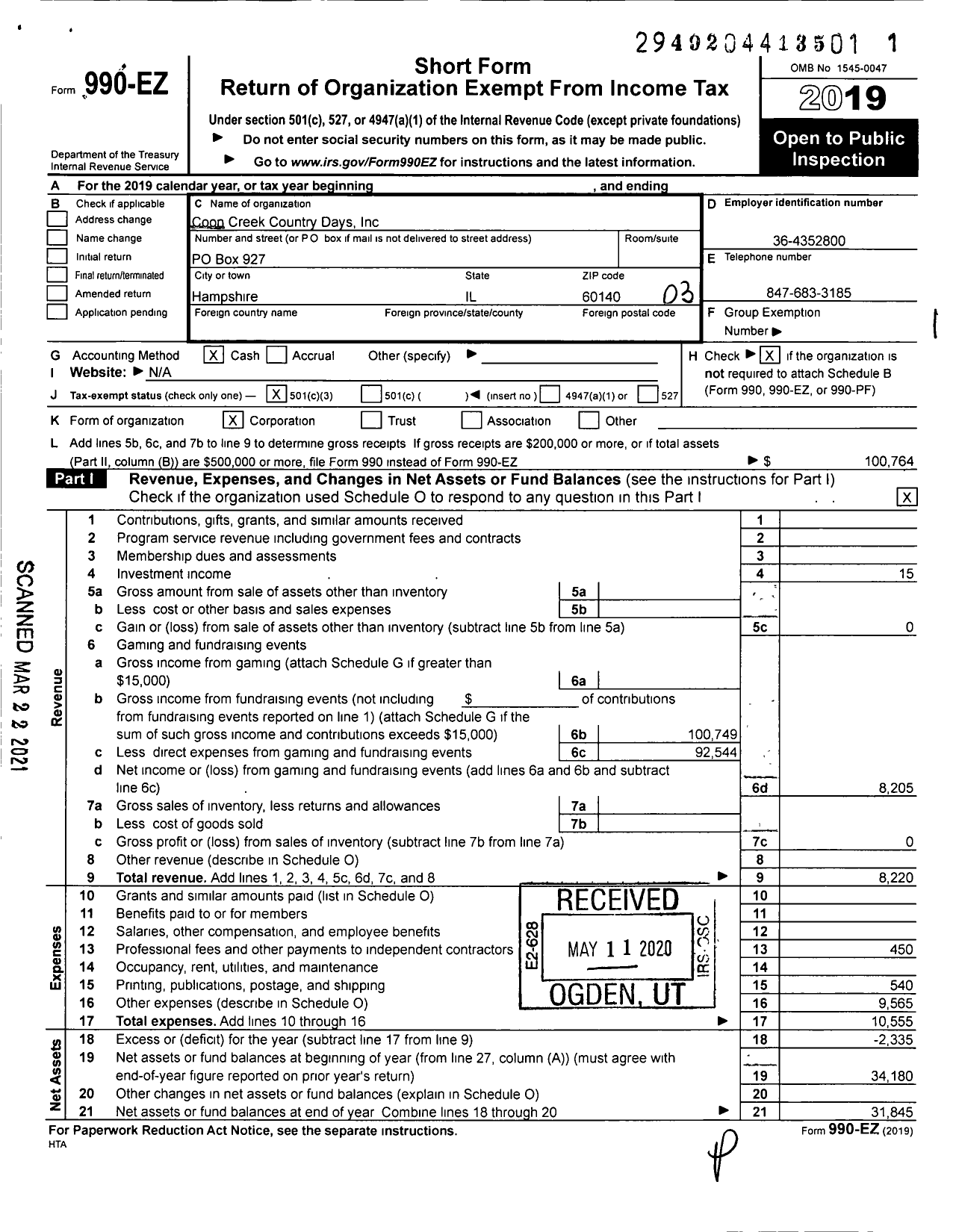 Image of first page of 2019 Form 990EZ for Coon Creek Country Days