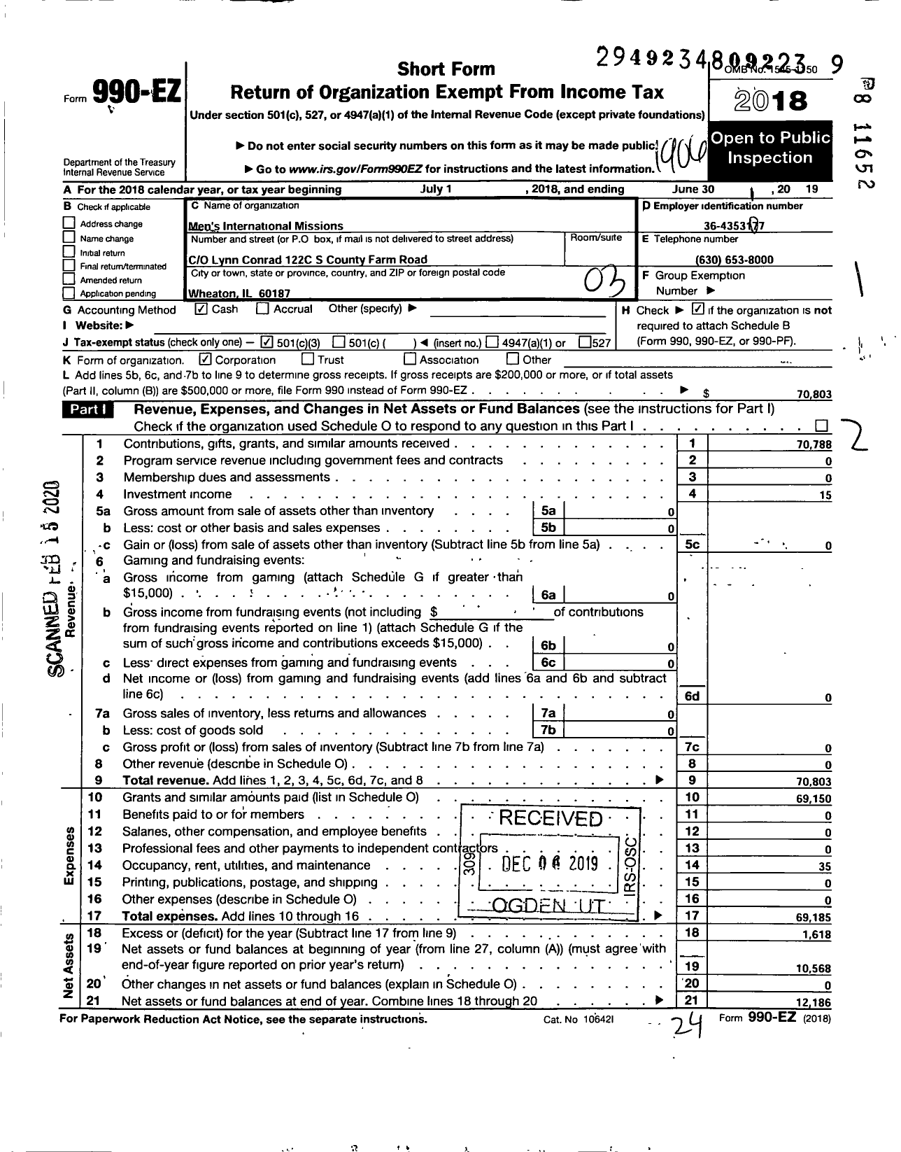 Image of first page of 2018 Form 990EZ for Mens International Missions