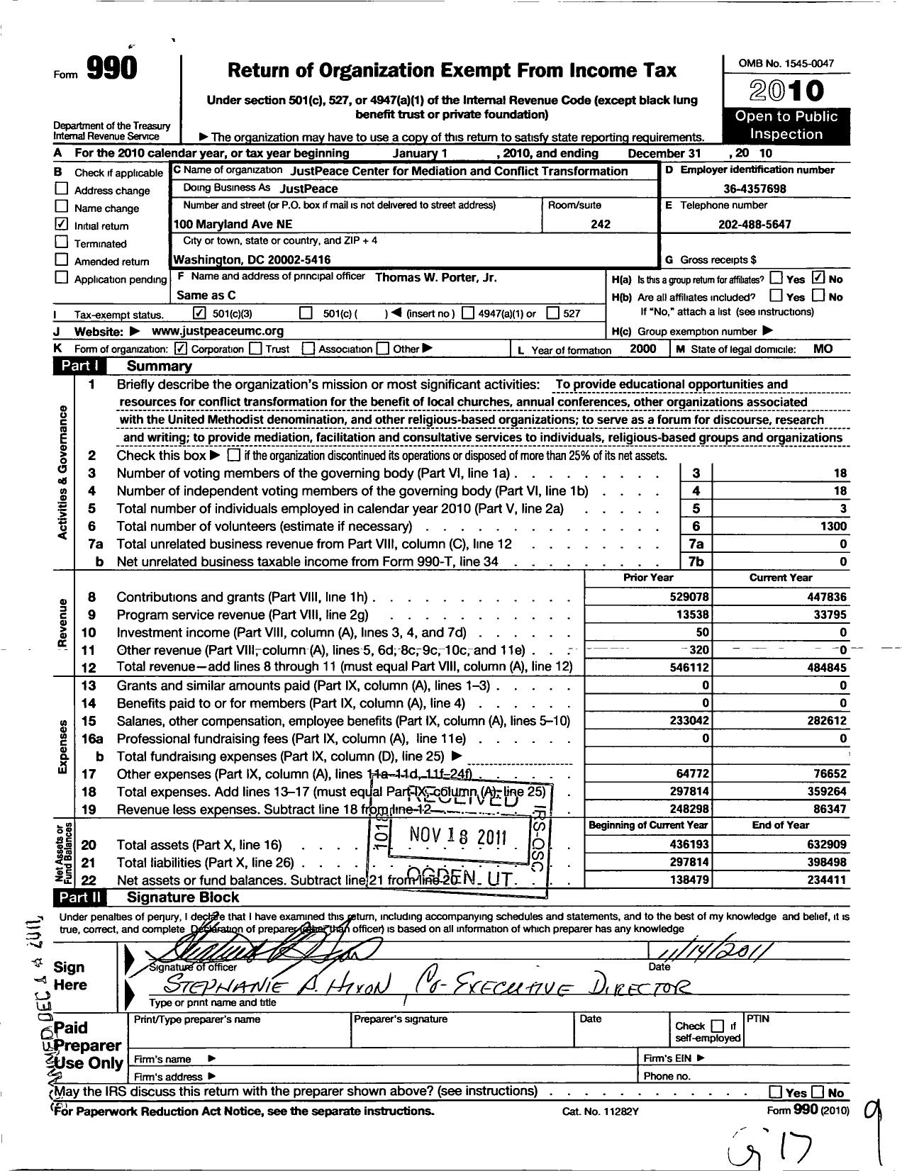 Image of first page of 2010 Form 990 for Justpeace Center for Mediation and Conflict Transformation