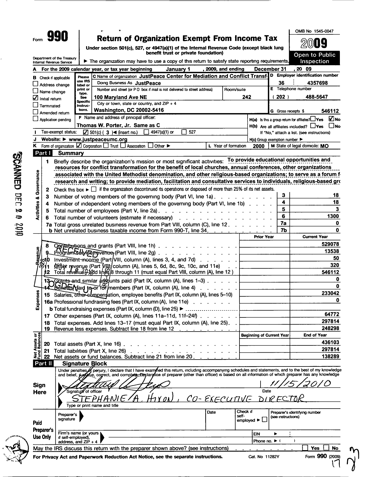 Image of first page of 2009 Form 990 for Justpeace Center for Mediation and Conflict Transformation