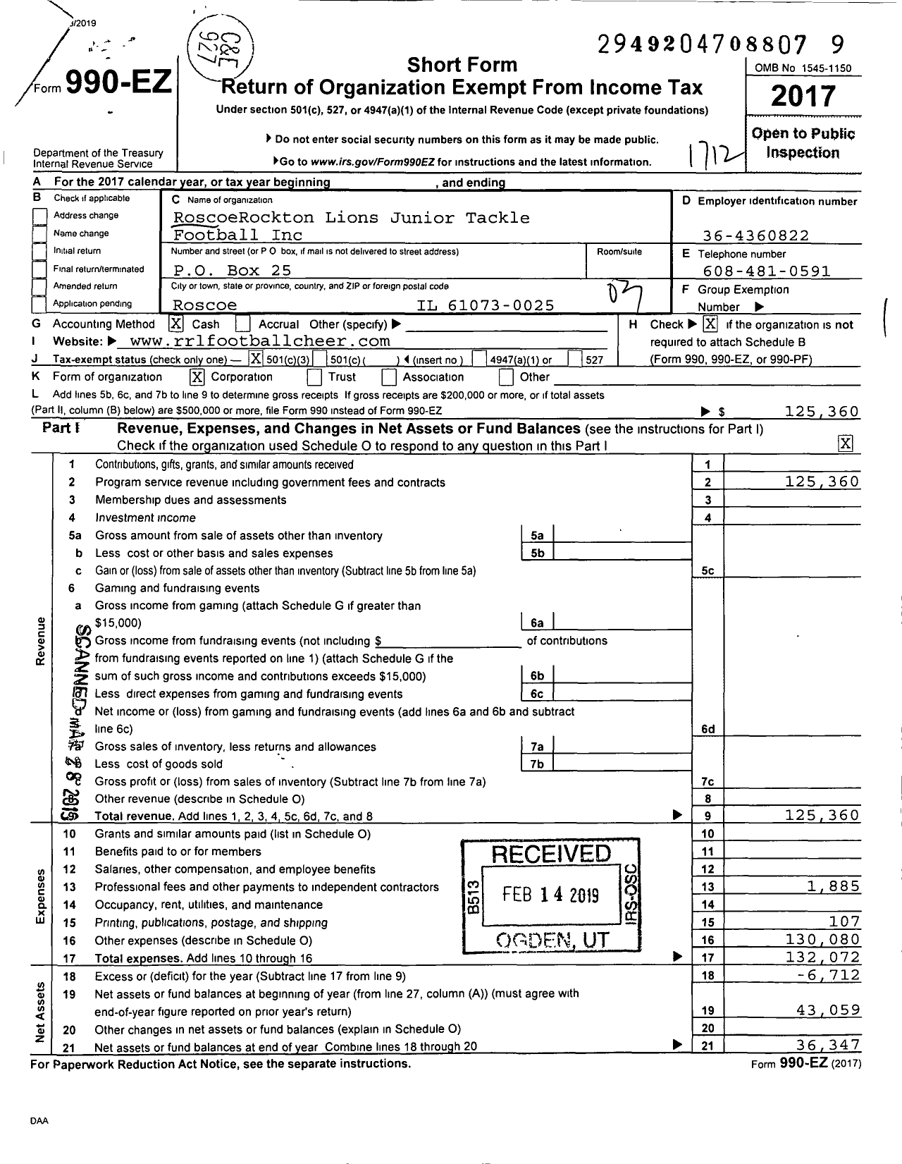 Image of first page of 2017 Form 990EZ for Roscoerockton Lions Junior Tackle Football