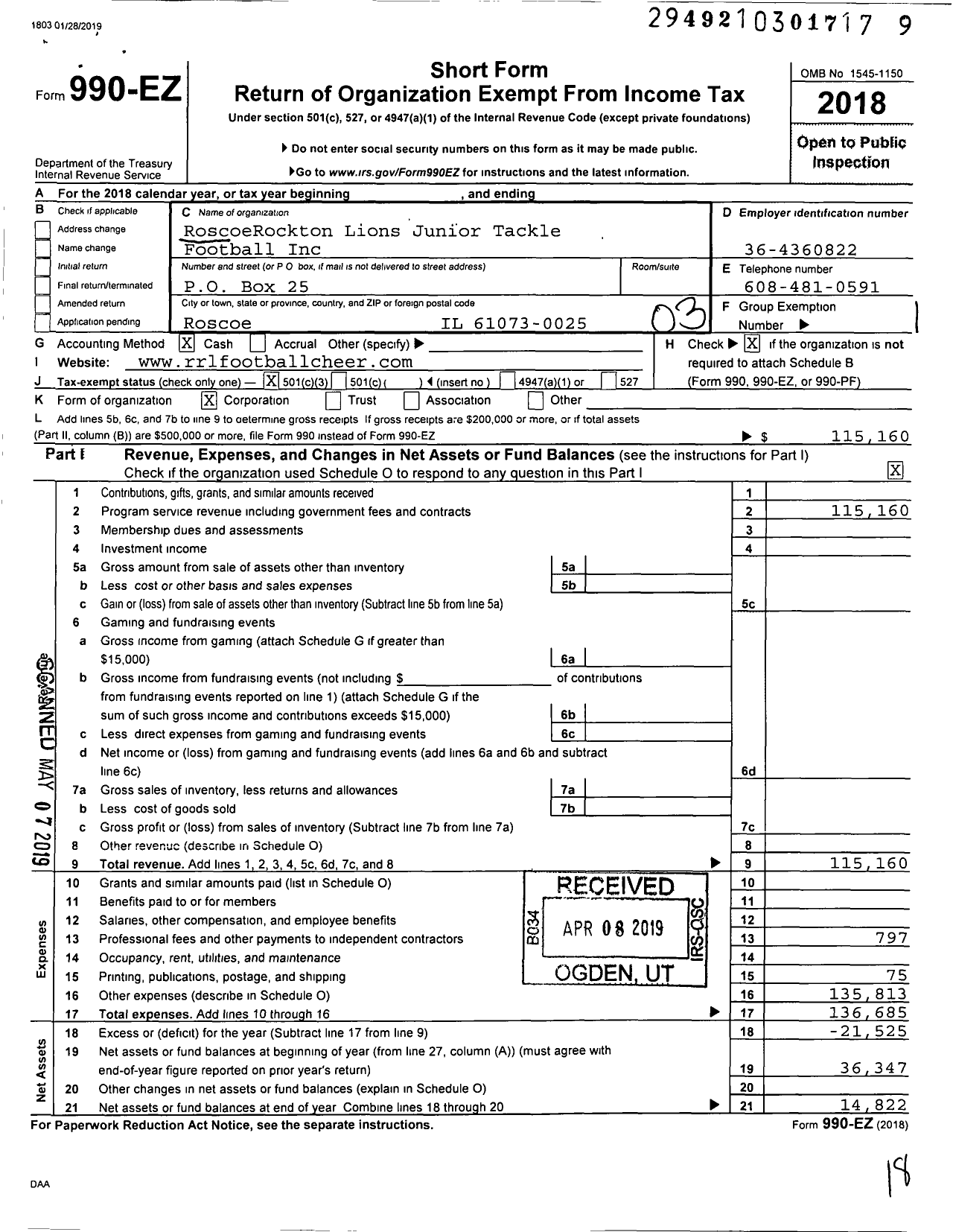 Image of first page of 2018 Form 990EZ for Roscoerockton Lions Junior Tackle Football