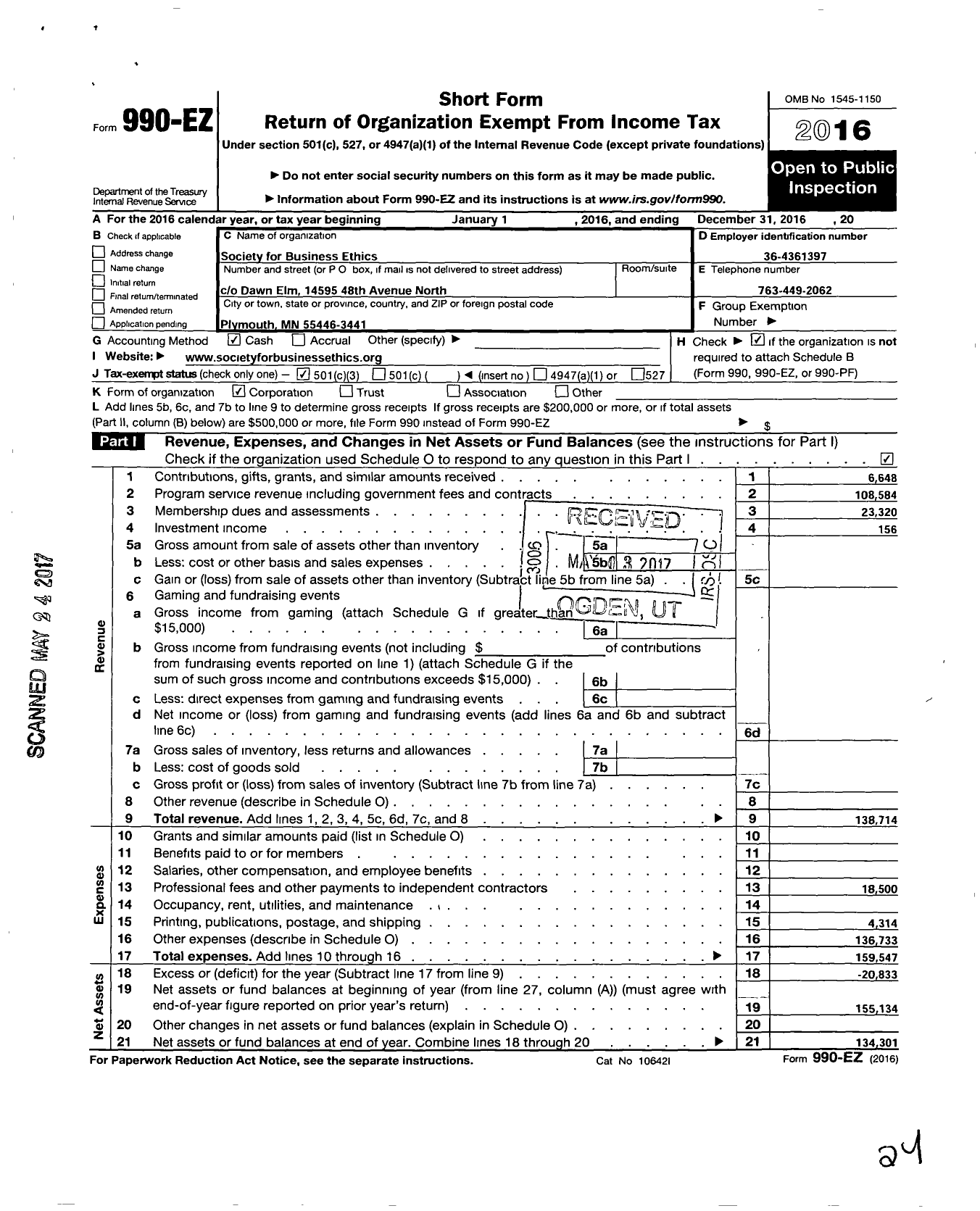 Image of first page of 2016 Form 990EZ for Society for Business Ethics