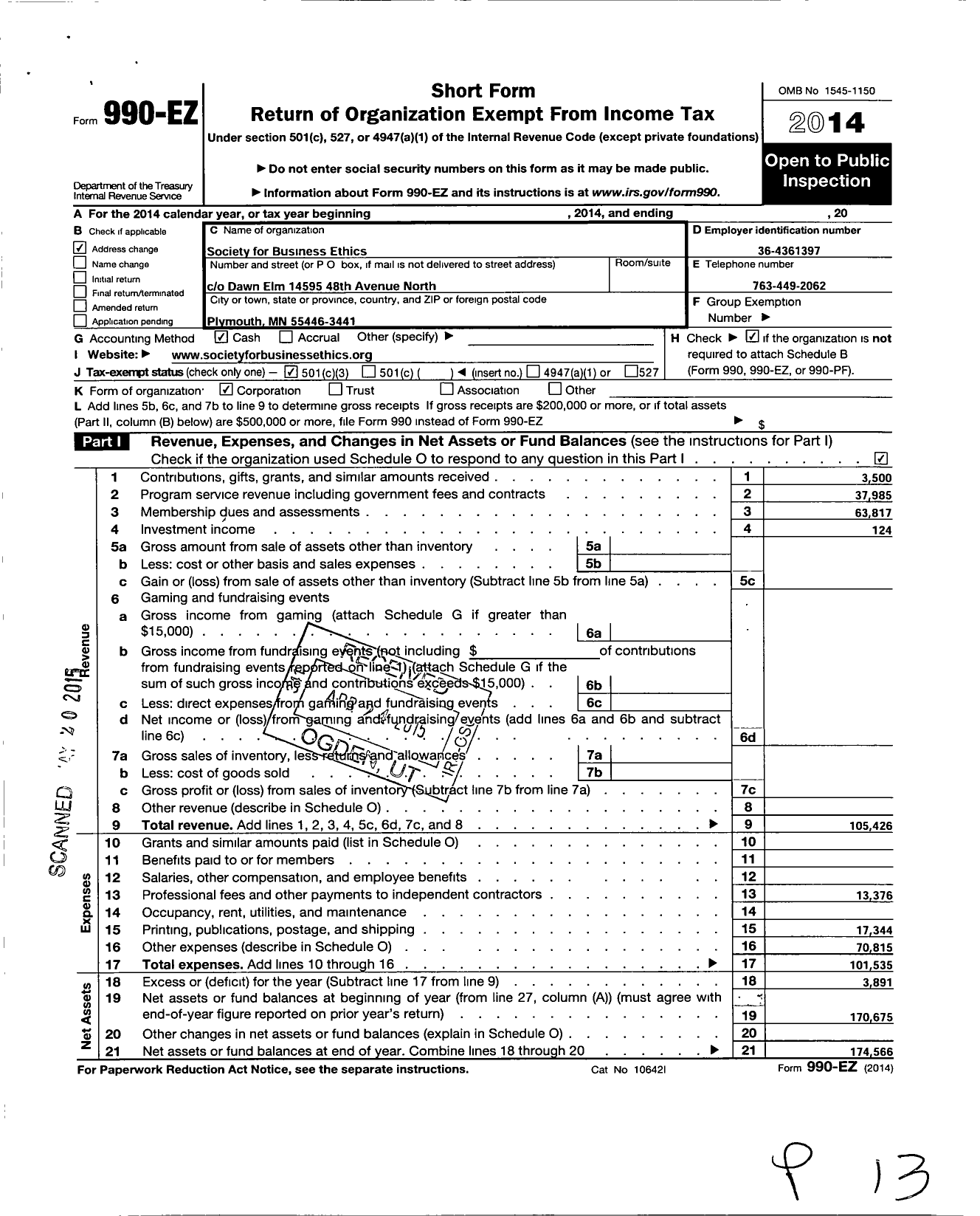 Image of first page of 2014 Form 990EZ for Society for Business Ethics