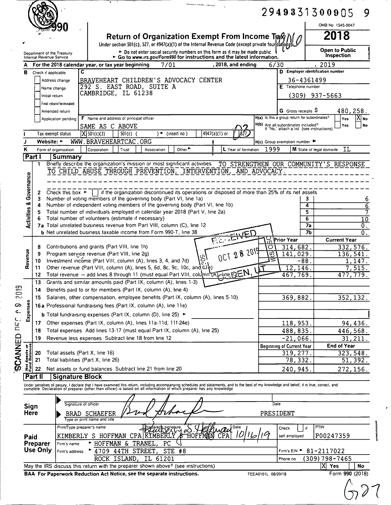 Image of first page of 2018 Form 990 for Braveheart Childrens Advocacy Center