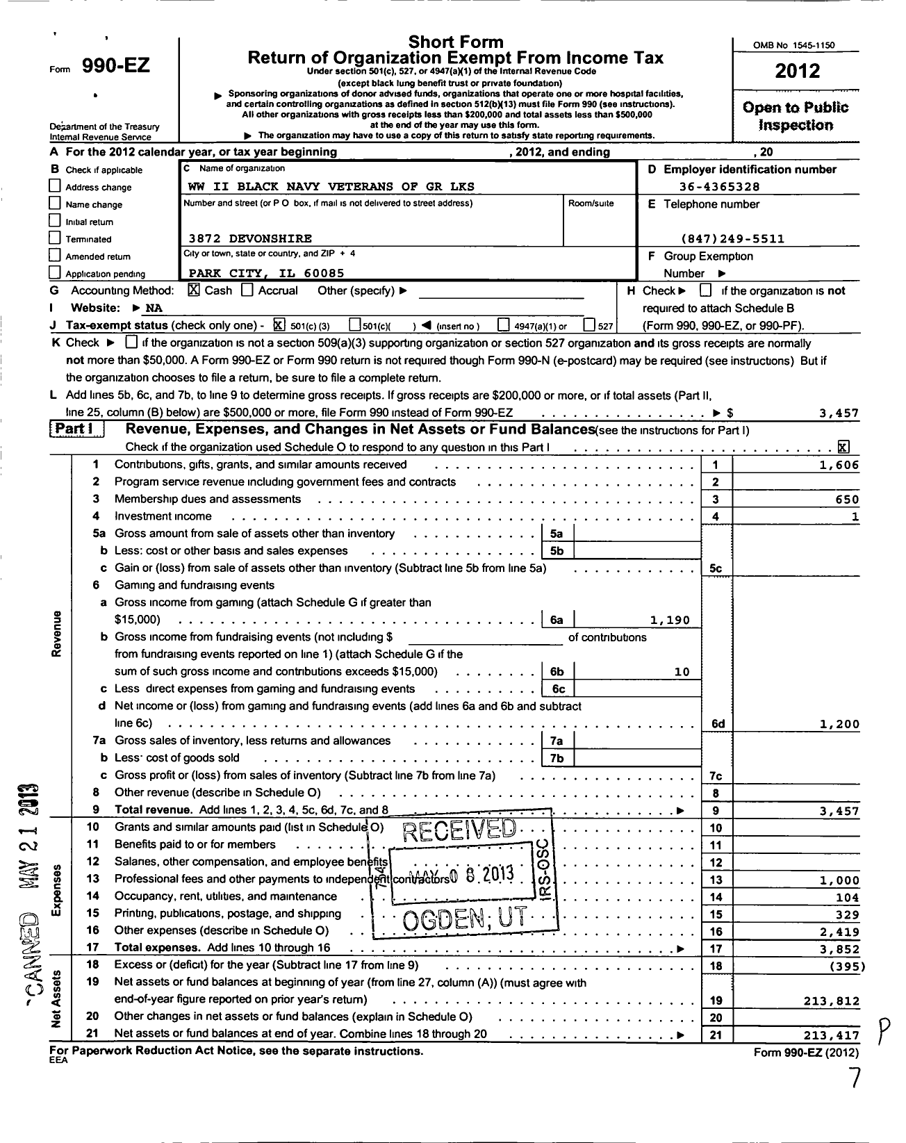 Image of first page of 2012 Form 990EZ for WW Ii Black Navy Veterans of GR LKS