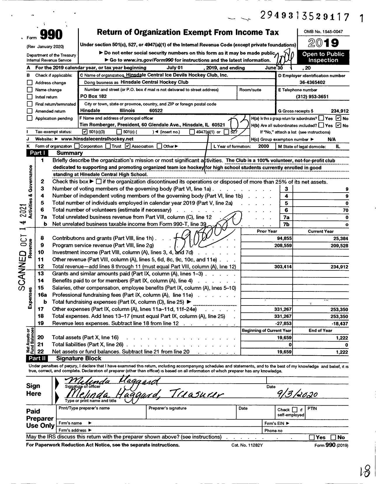 Image of first page of 2019 Form 990 for Hinsdale Central Hockey Club