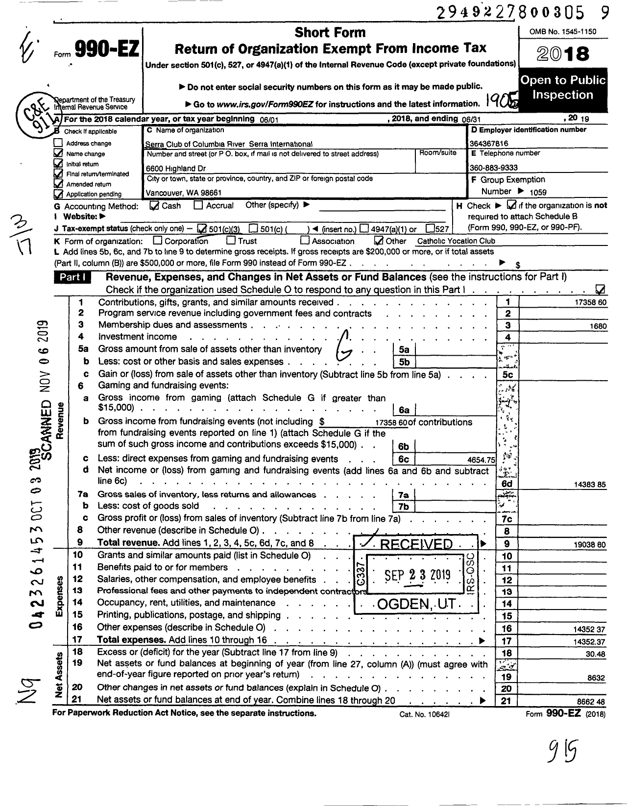 Image of first page of 2018 Form 990EZ for Serra International - 981 Columbia River