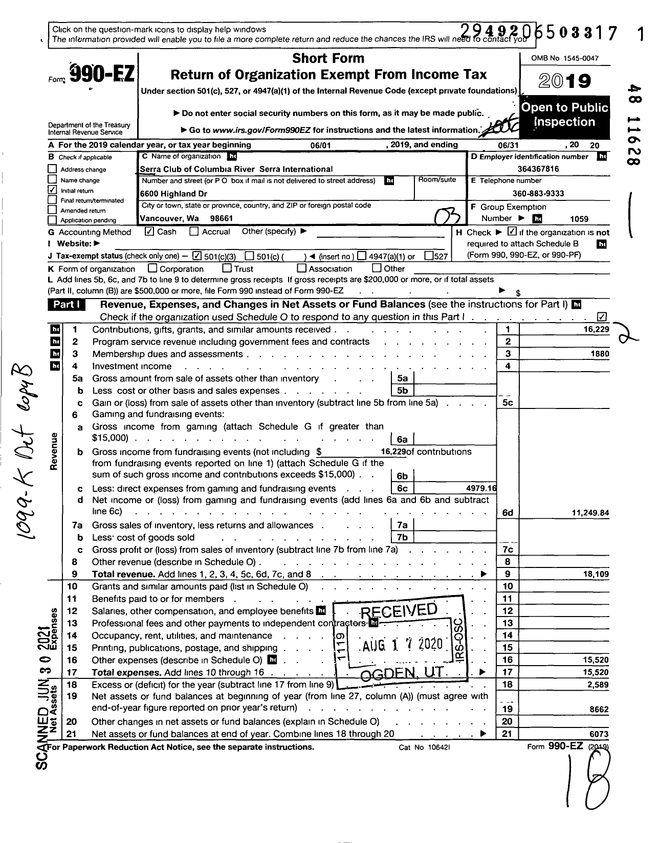 Image of first page of 2019 Form 990EZ for Serra International - 981 Columbia River