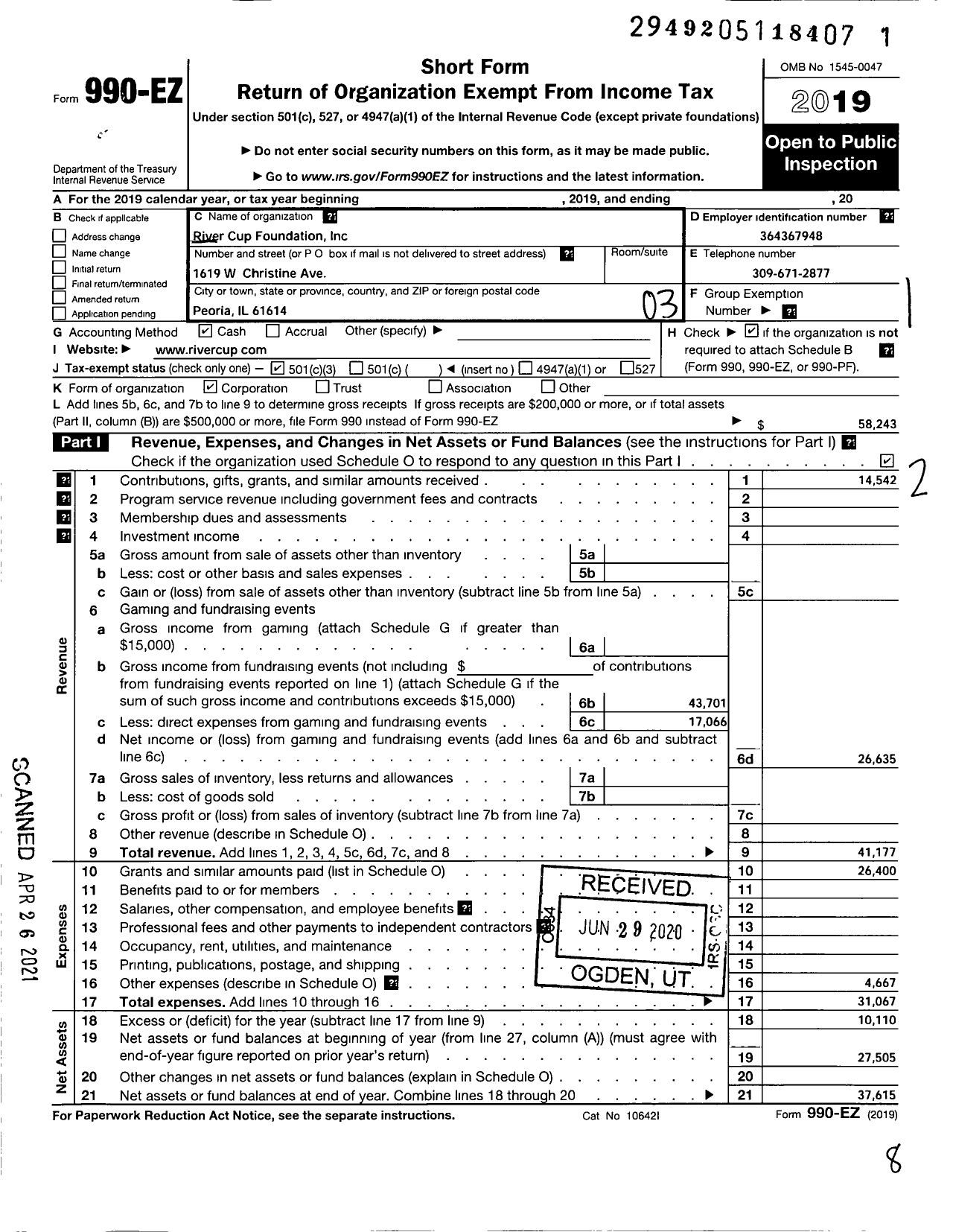 Image of first page of 2019 Form 990EZ for River Cup Foundation