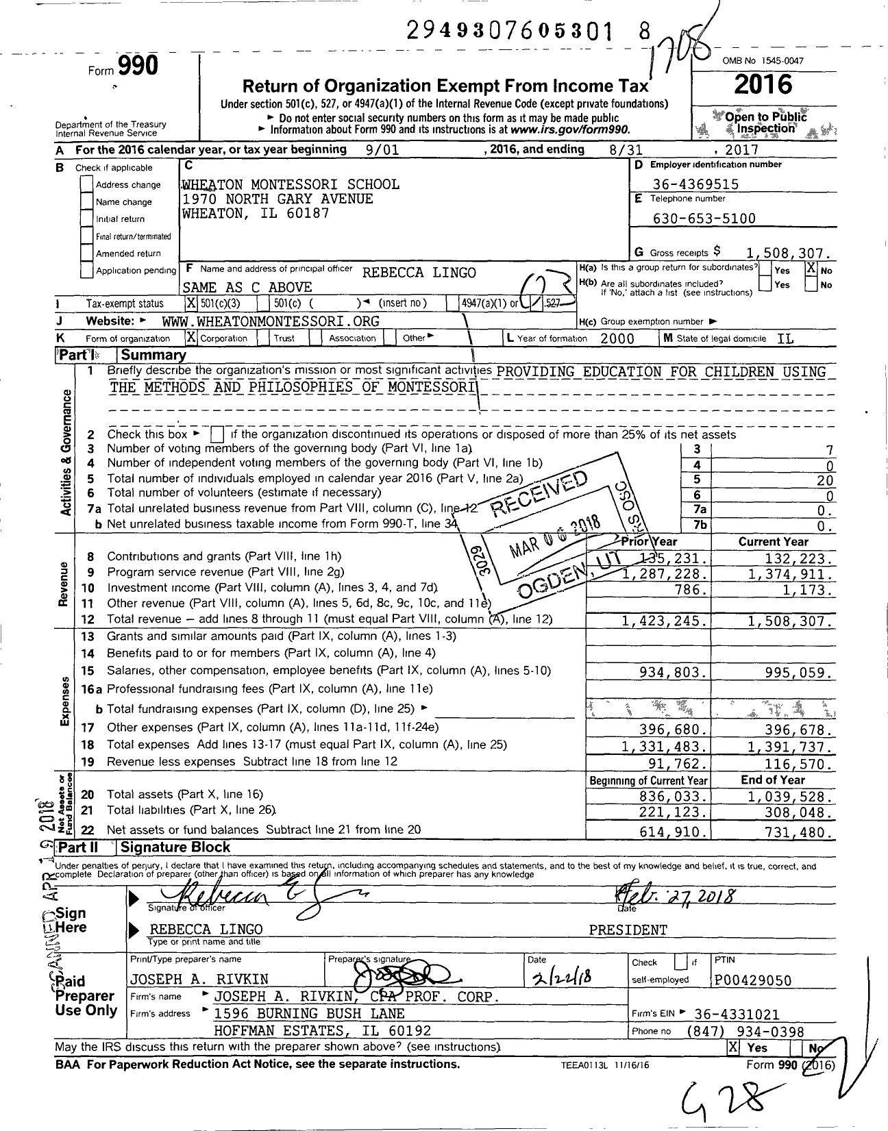 Image of first page of 2016 Form 990 for Wheaton Montessori School