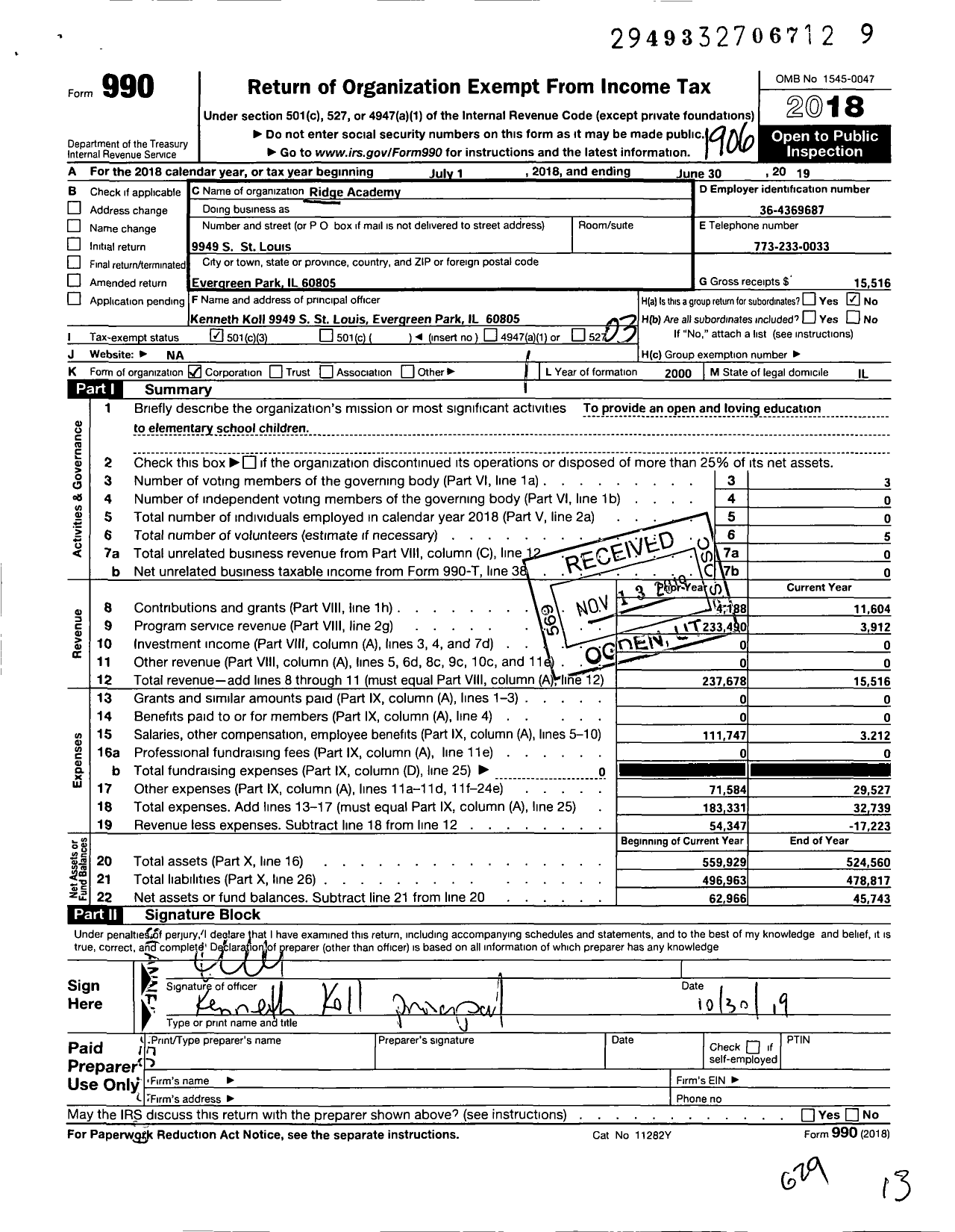 Image of first page of 2018 Form 990 for Ridge Academy