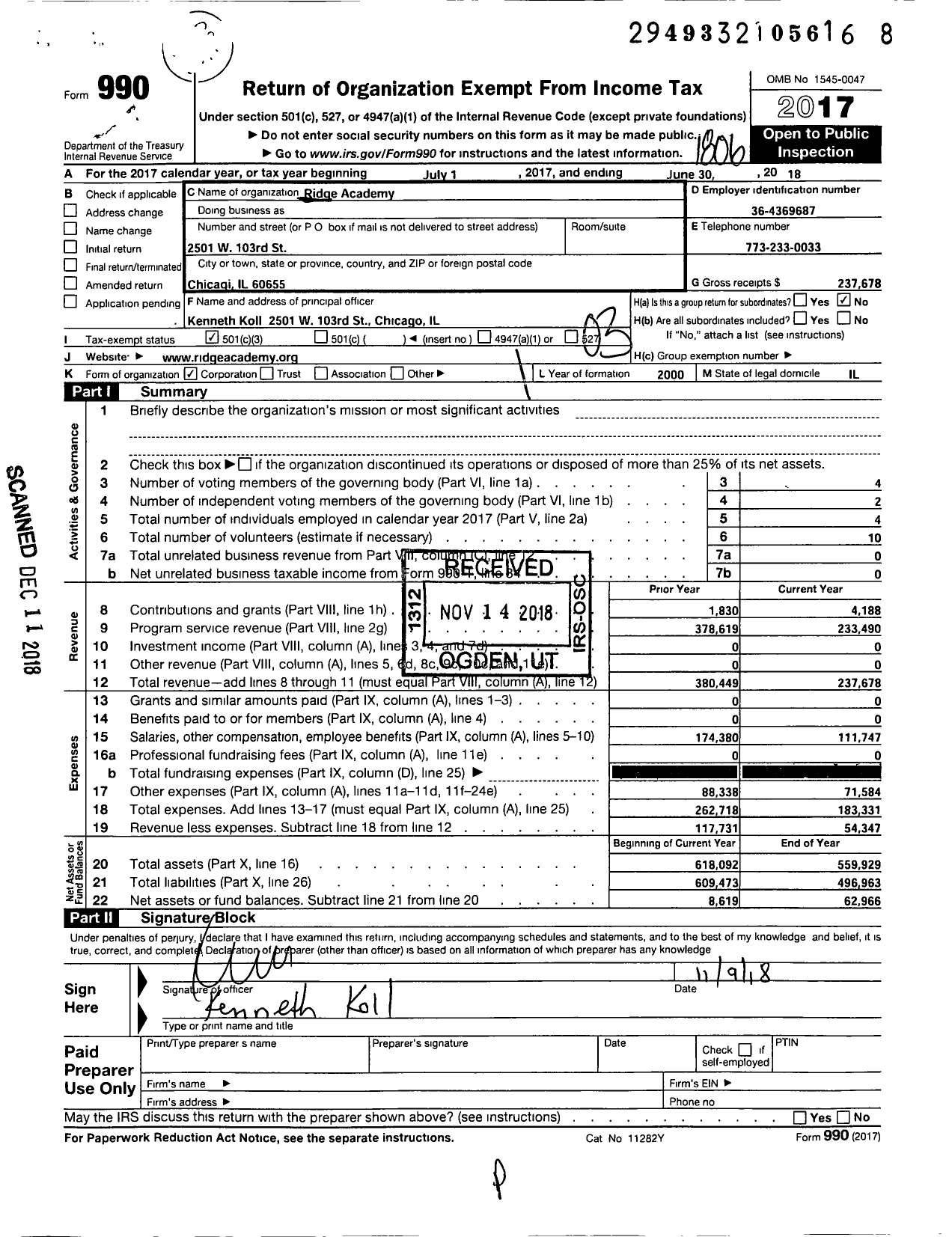 Image of first page of 2017 Form 990 for Ridge Academy