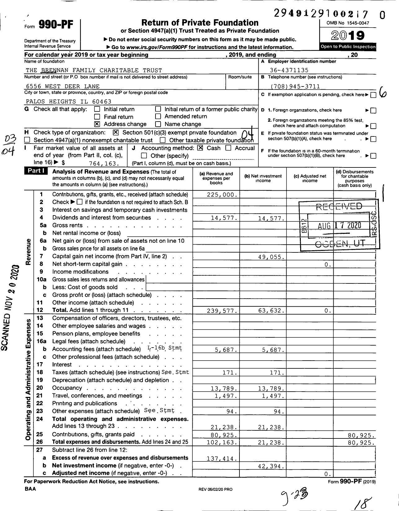 Image of first page of 2019 Form 990PF for The Brennan Family Charitable Trust