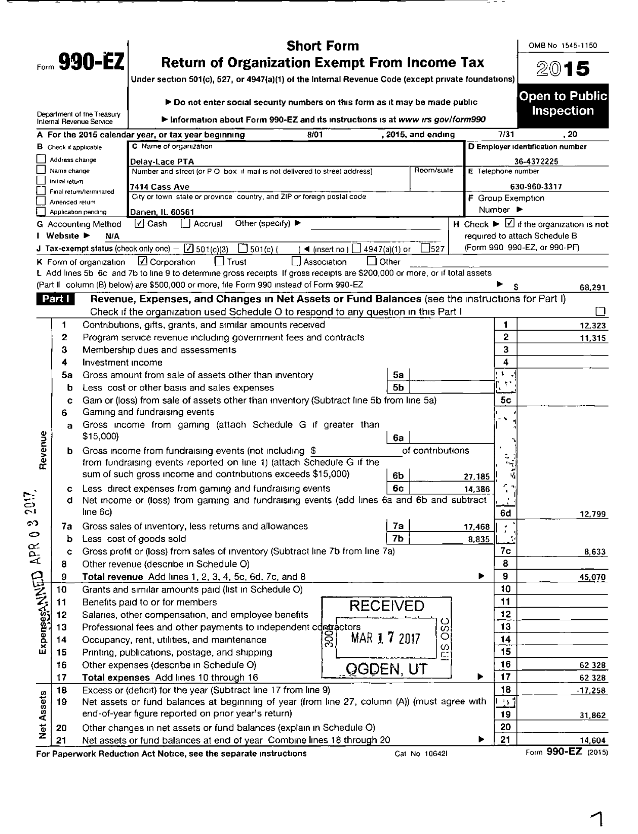 Image of first page of 2014 Form 990EZ for Delay-Lace PTA