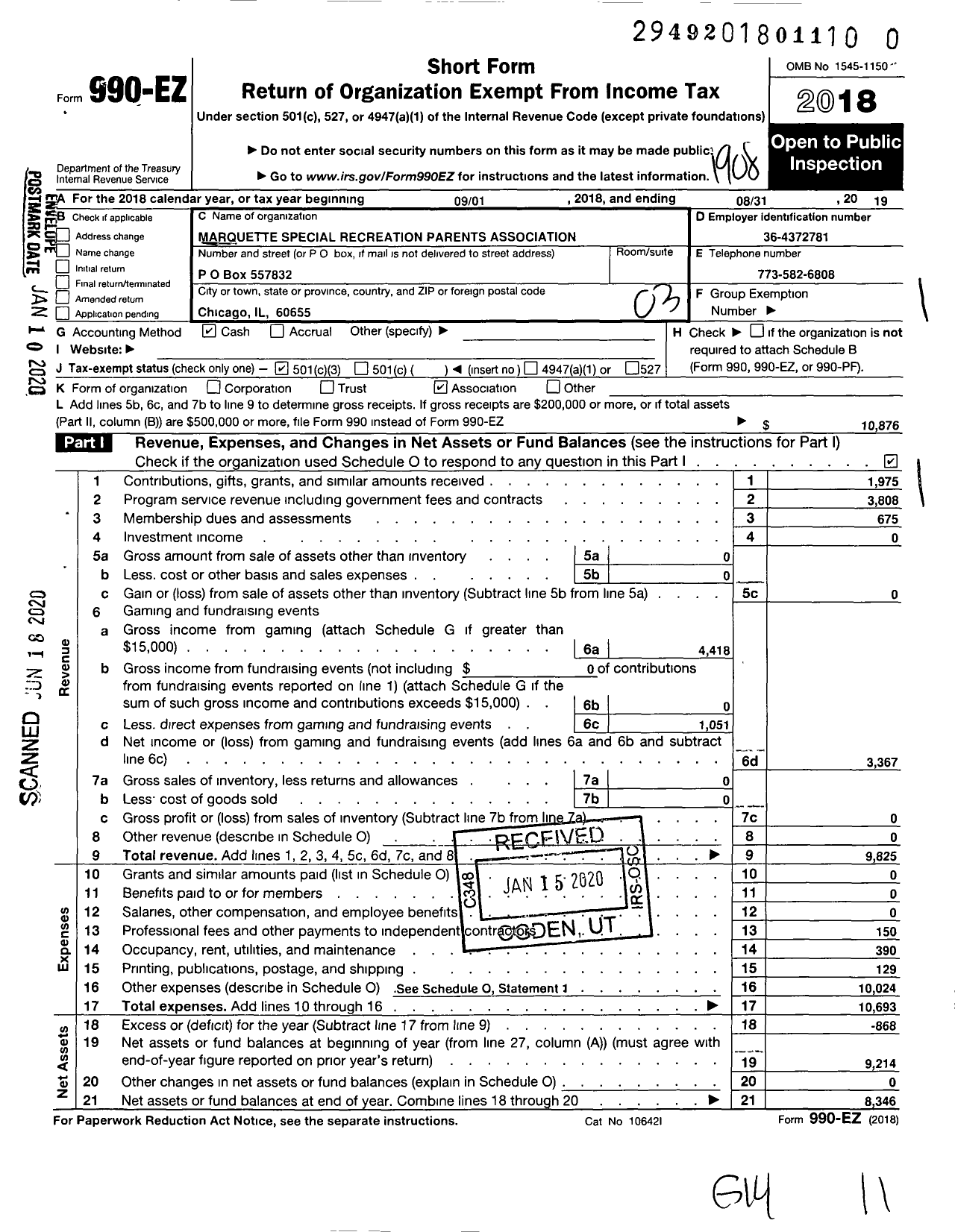 Image of first page of 2018 Form 990EZ for Marquette Special Recreation Parents Association