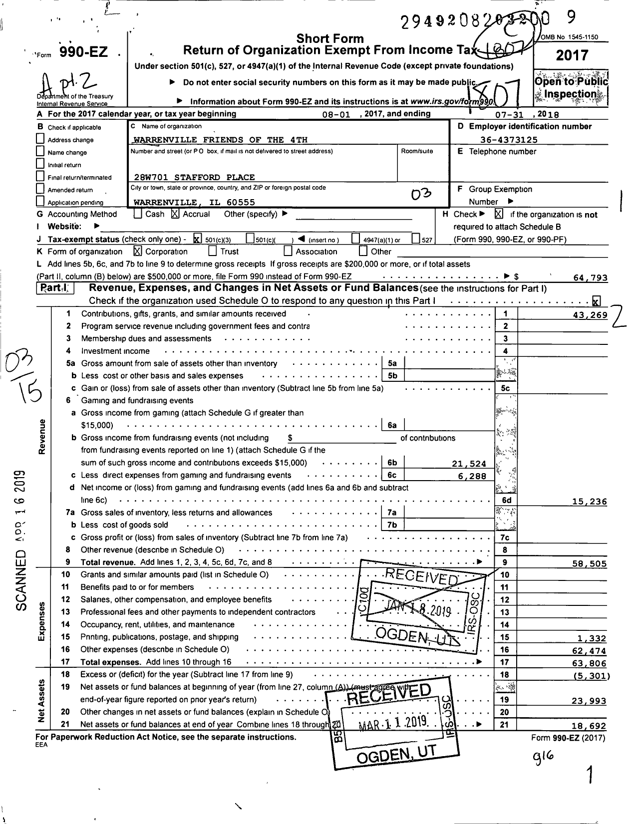 Image of first page of 2017 Form 990EZ for Warrenville Friends of the 4th