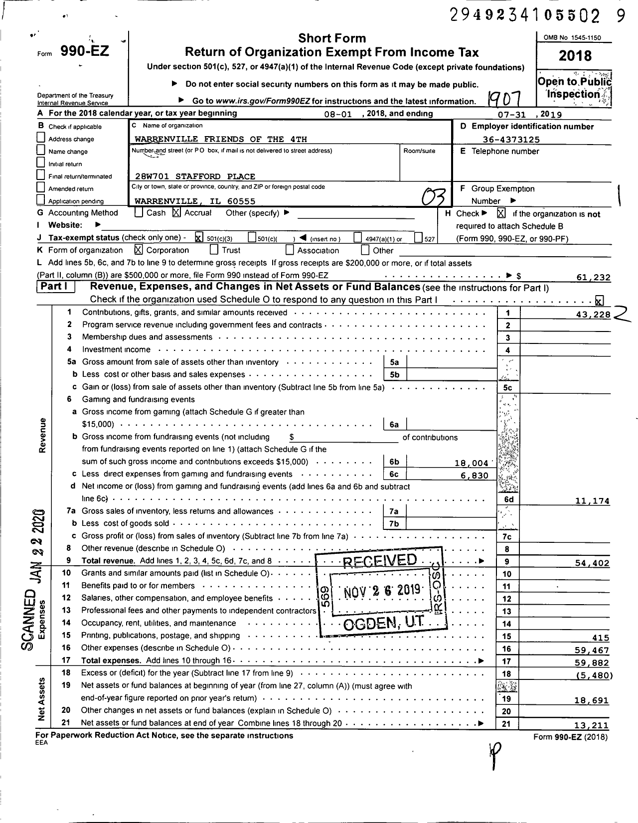 Image of first page of 2018 Form 990EZ for Warrenville Friends of the 4th