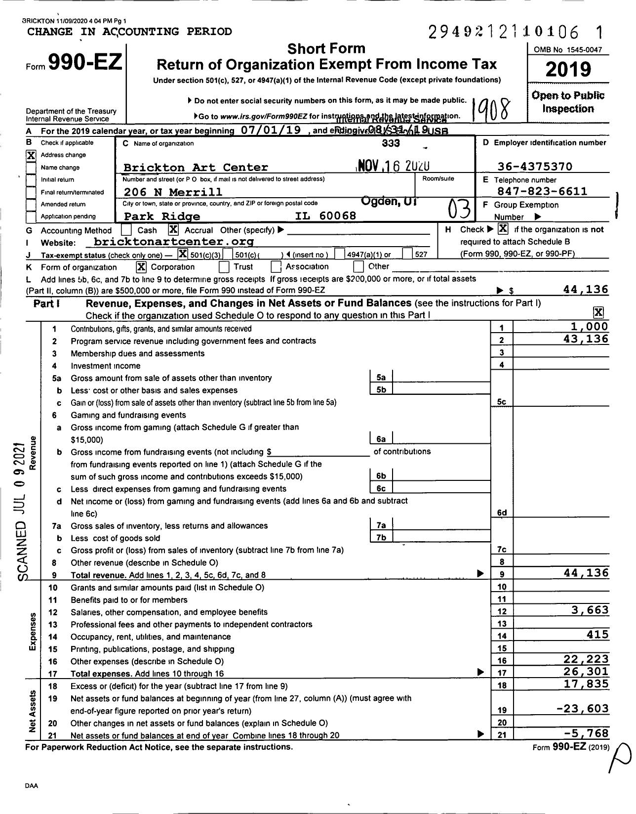 Image of first page of 2018 Form 990EZ for Brickton Art Center