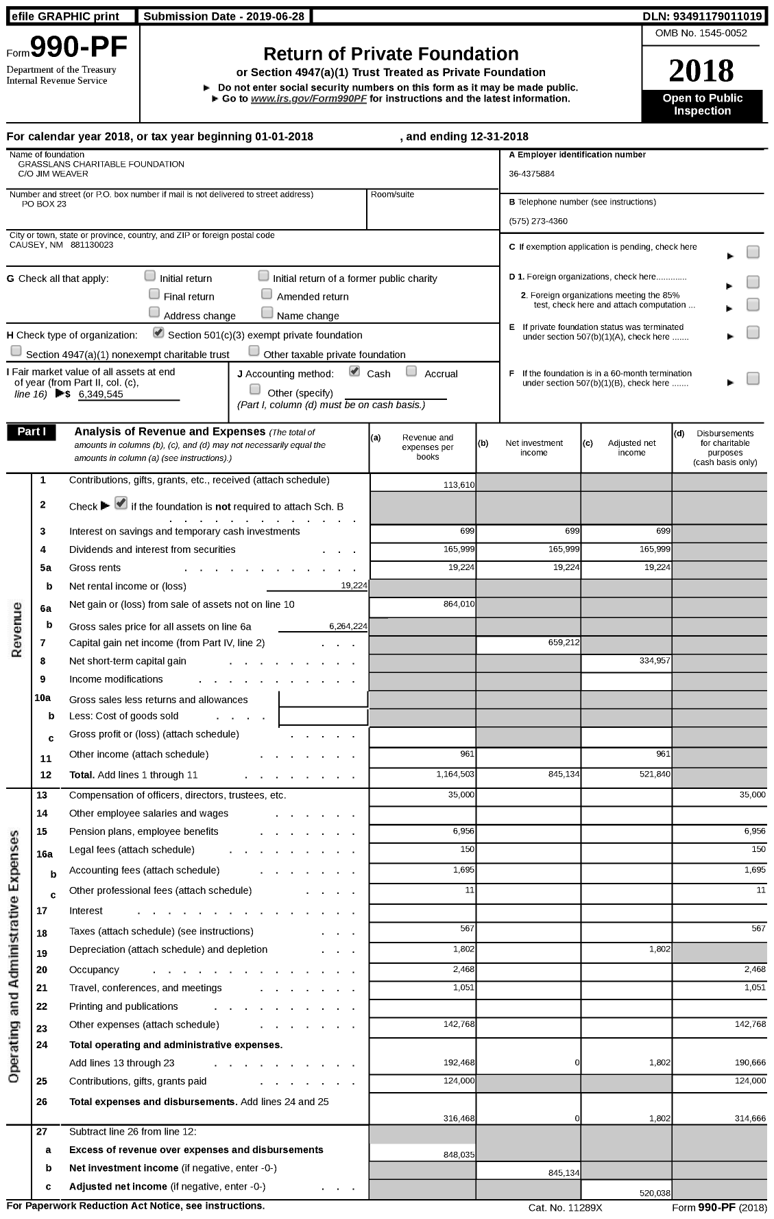 Image of first page of 2018 Form 990PF for Grasslans Charitable Foundation