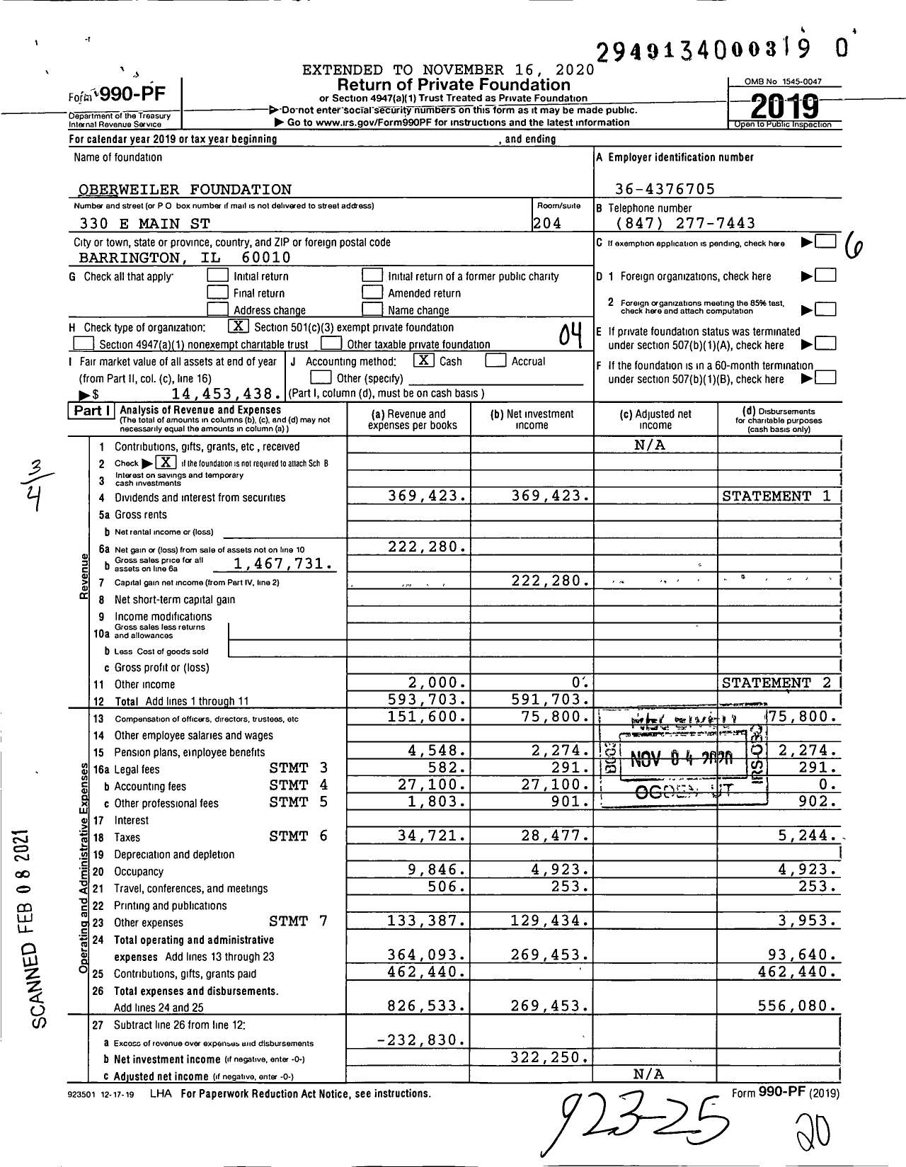 Image of first page of 2019 Form 990PF for Oberweiler Foundation