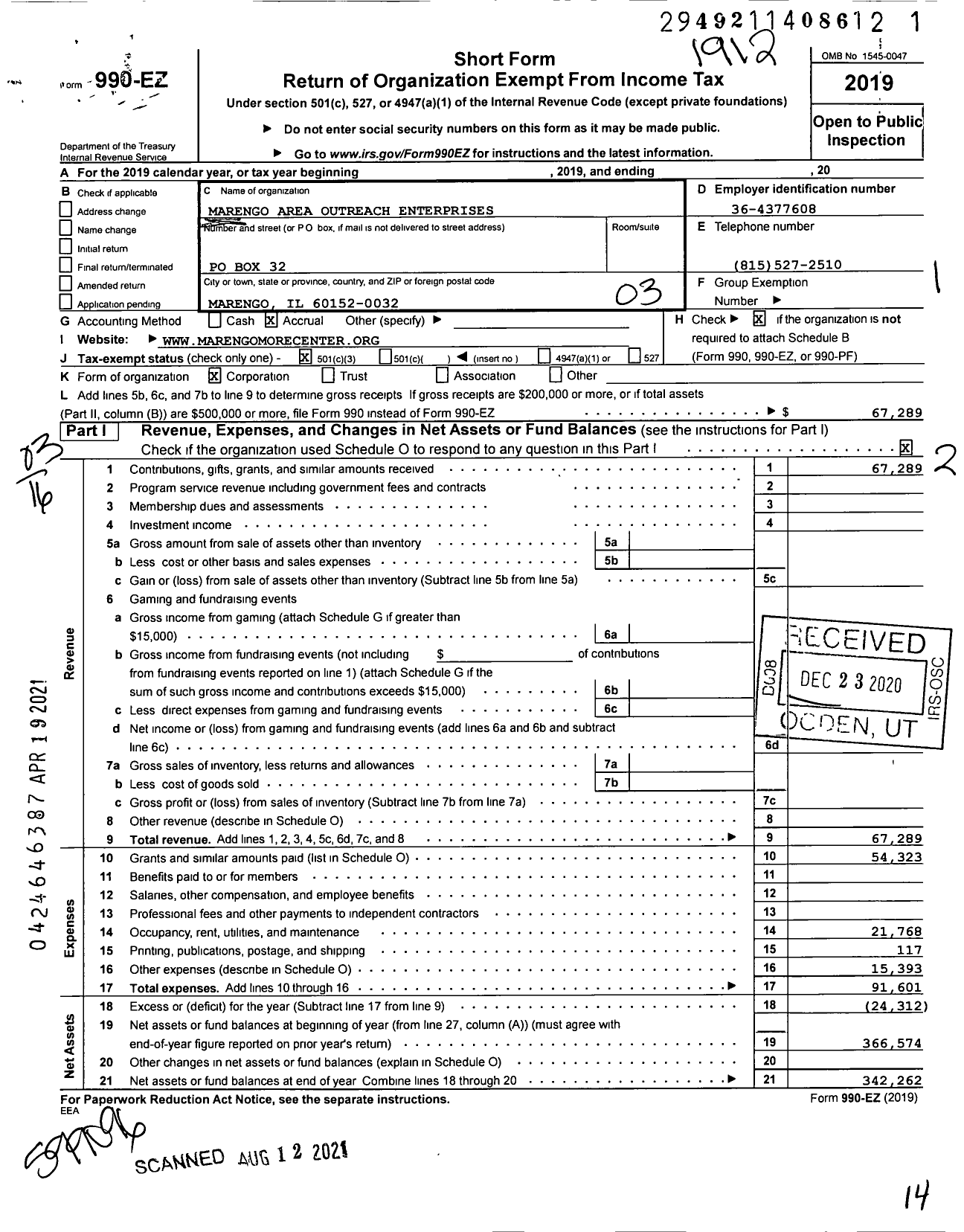 Image of first page of 2019 Form 990EZ for Marengo Area Outreach Enterprises