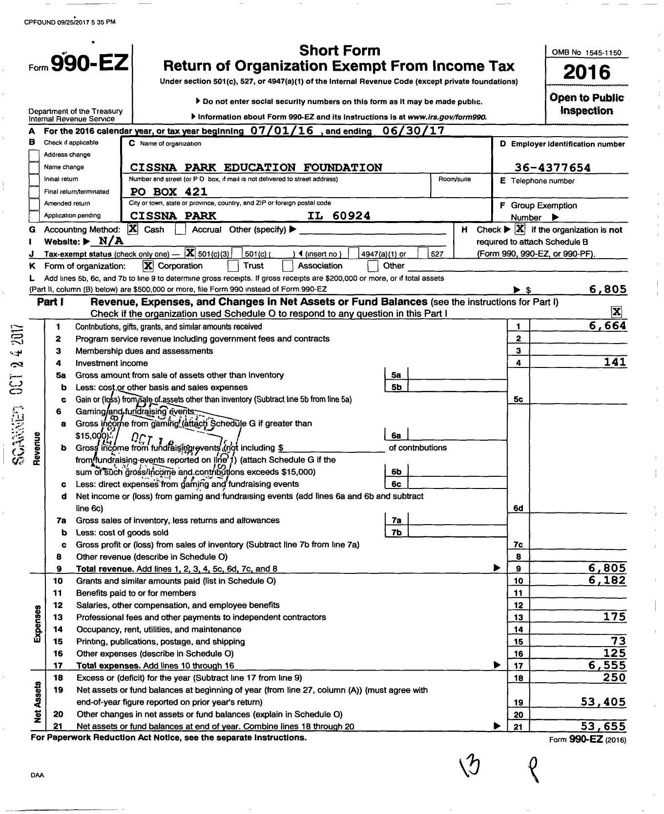 Image of first page of 2016 Form 990EZ for Cissna Park Education Foundation