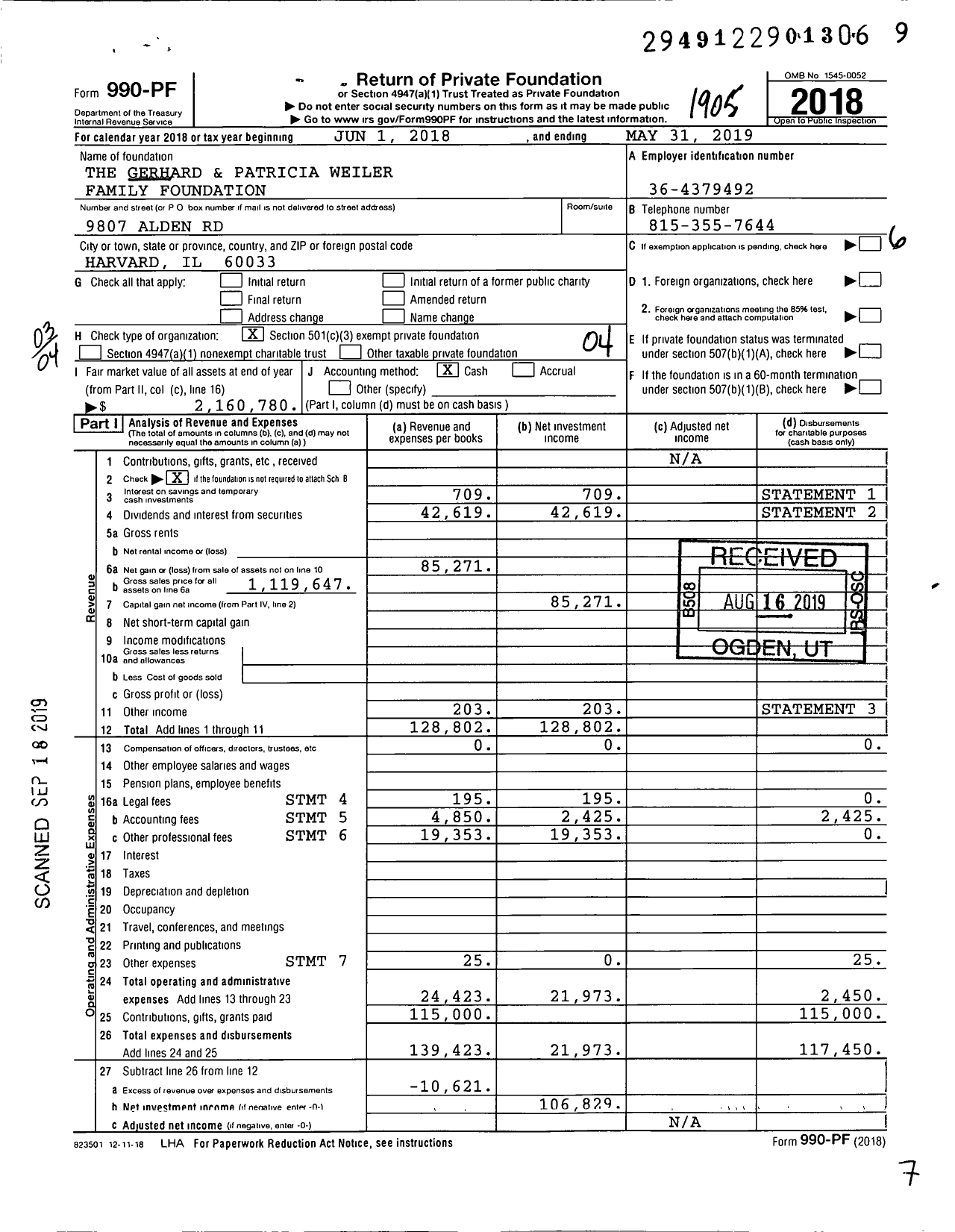 Image of first page of 2018 Form 990PF for The Gerhard and Patricia Weiler Family Foundation