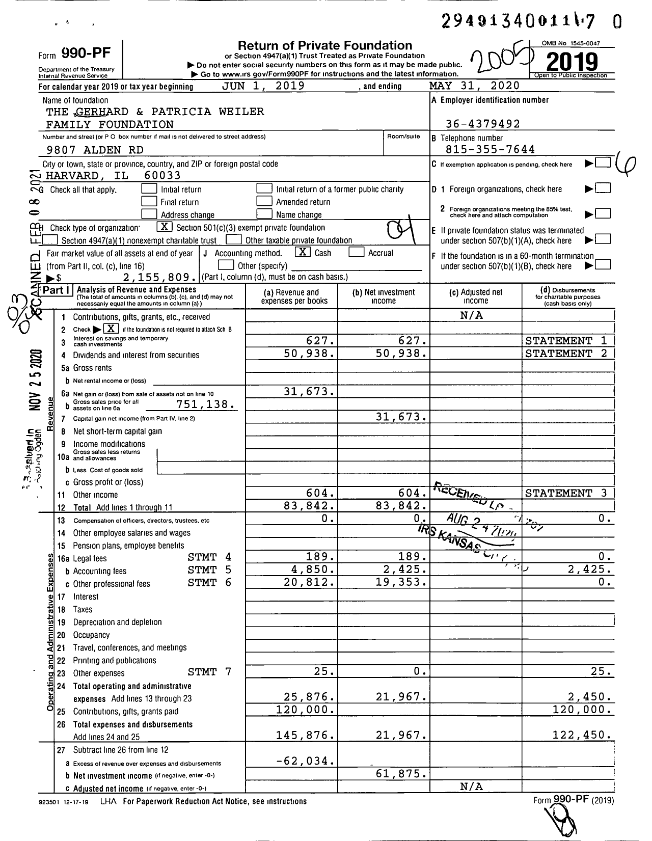 Image of first page of 2019 Form 990PF for The Gerhard and Patricia Weiler Family Foundation