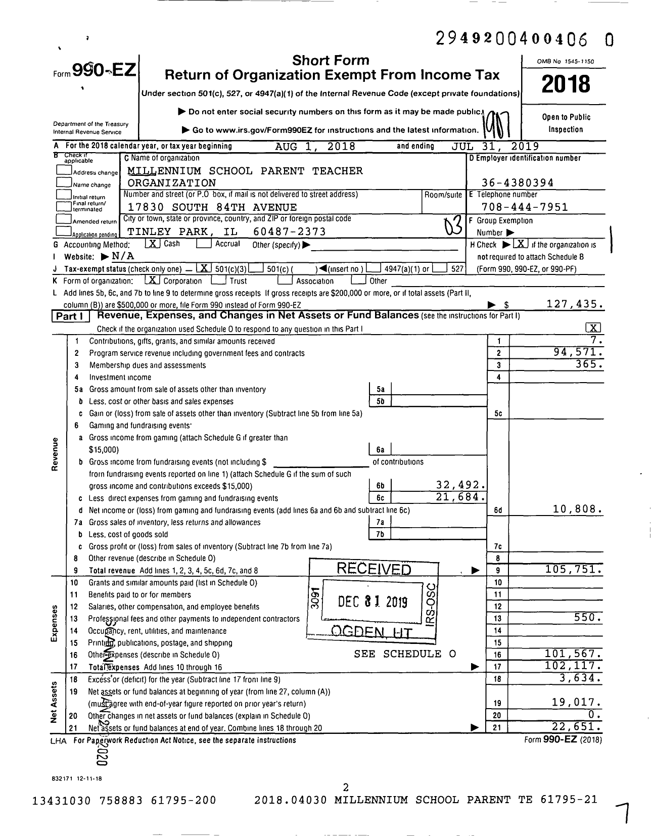 Image of first page of 2018 Form 990EZ for Millennium School Parent Teachers Association