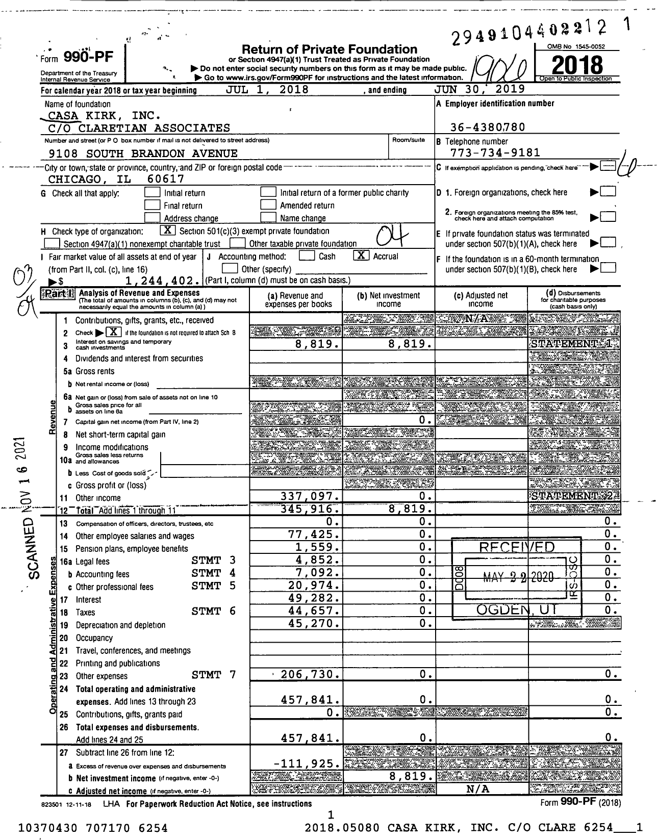 Image of first page of 2018 Form 990PF for Casa Kirk