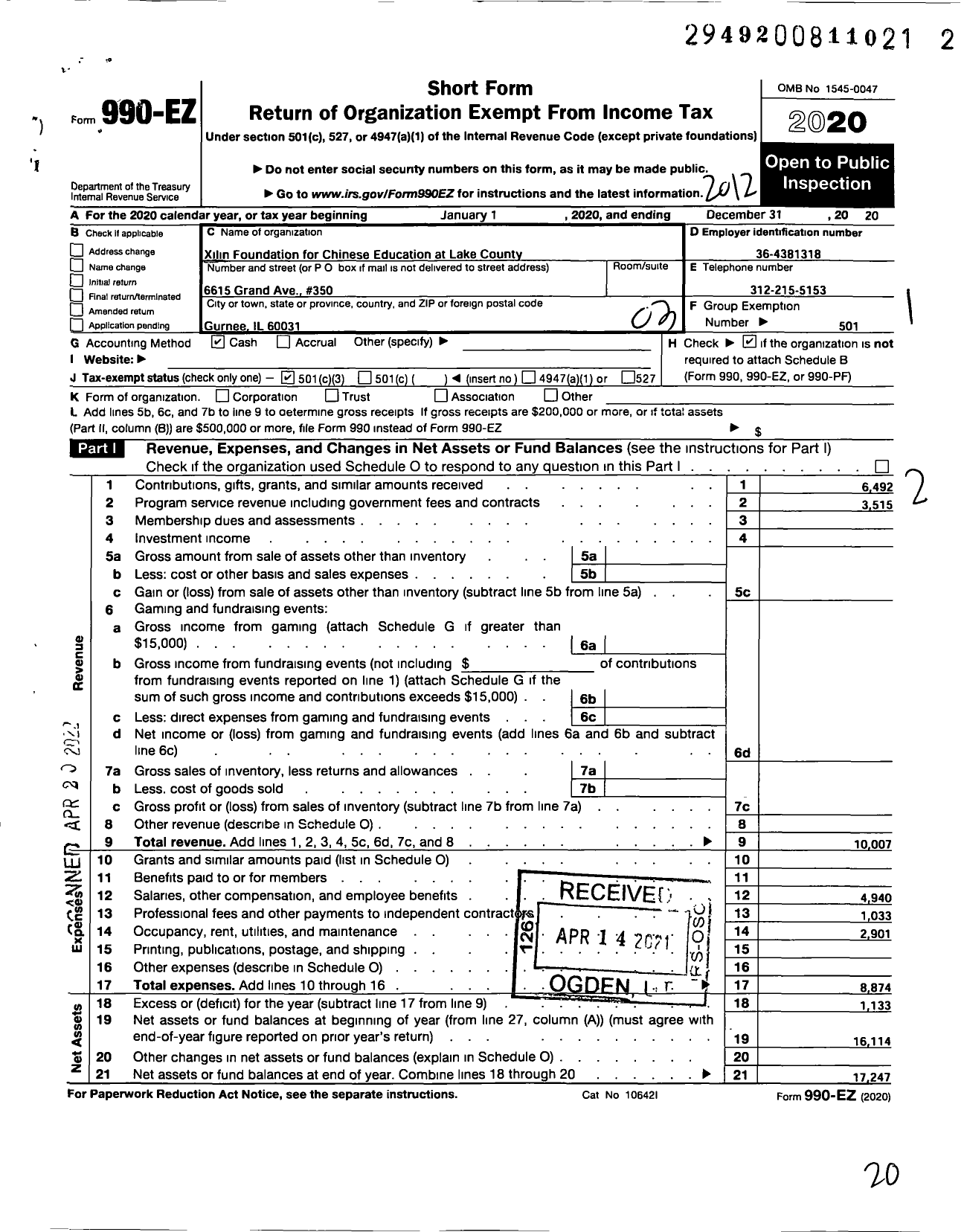 Image of first page of 2020 Form 990EZ for Xilin Foundation for Chinese Education at Lake County