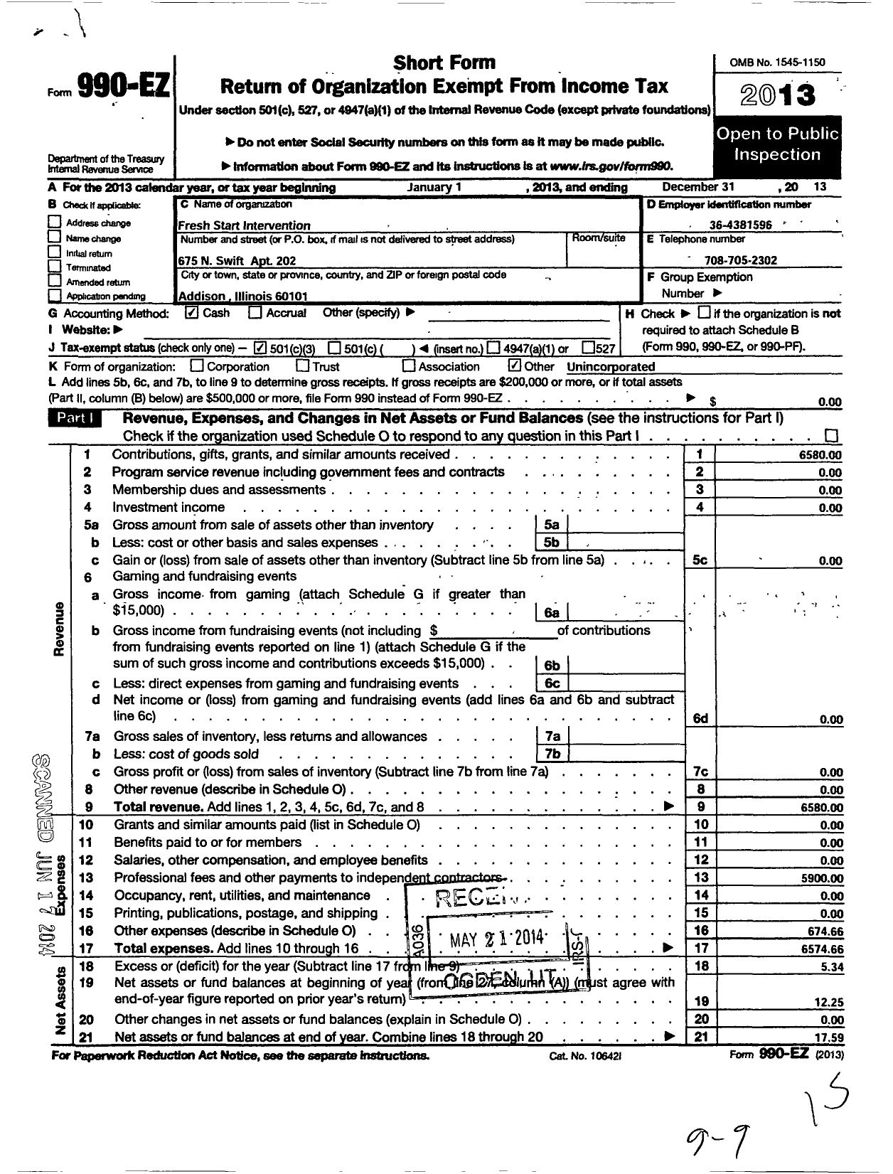 Image of first page of 2013 Form 990EZ for Fresh Start Intervention