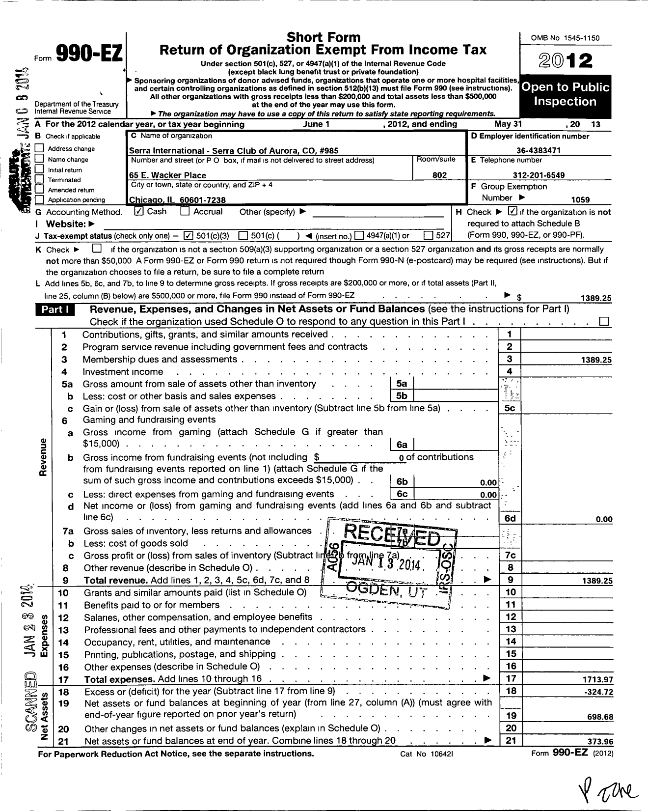 Image of first page of 2012 Form 990EZ for Serra International - 985 Aurora