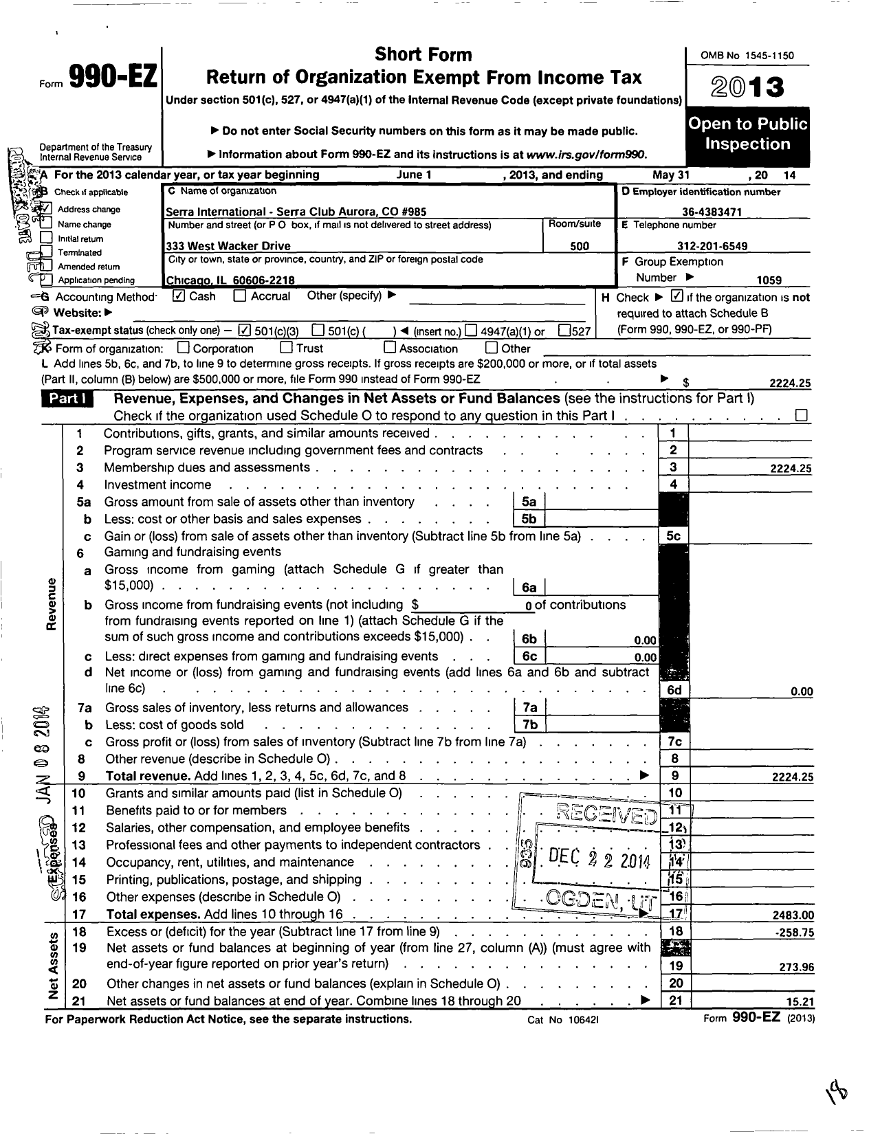 Image of first page of 2013 Form 990EZ for Serra International - 985 Aurora