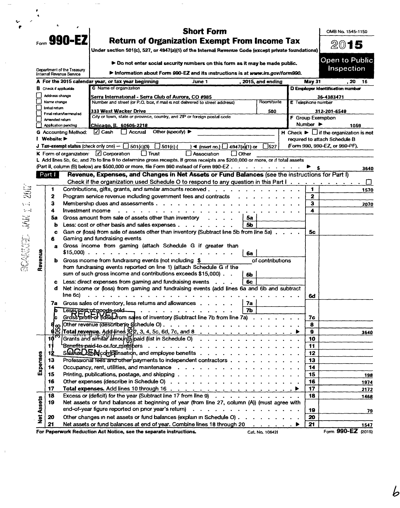 Image of first page of 2015 Form 990EO for Serra International - 985 Aurora