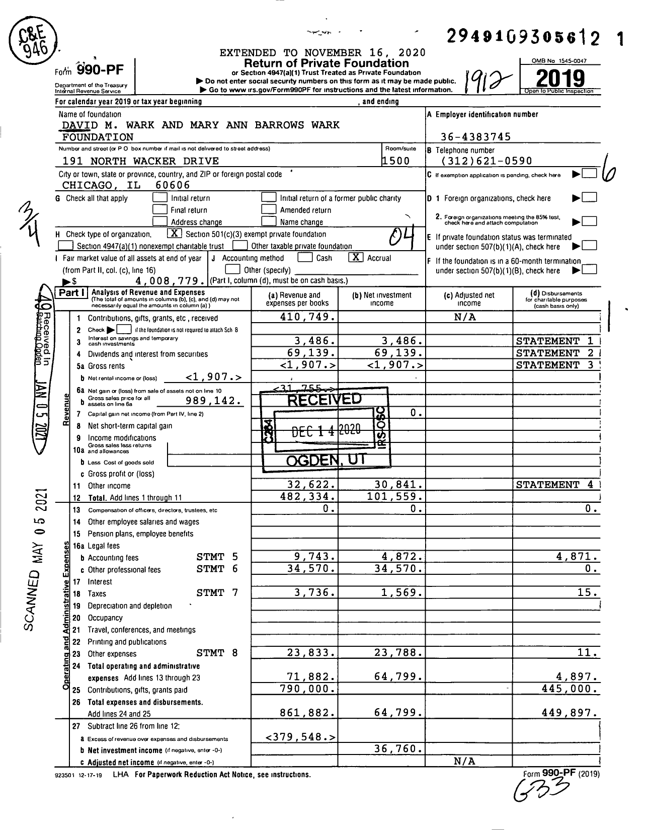 Image of first page of 2019 Form 990PF for David M Wark and Mary Ann Barrows Wark Foundation