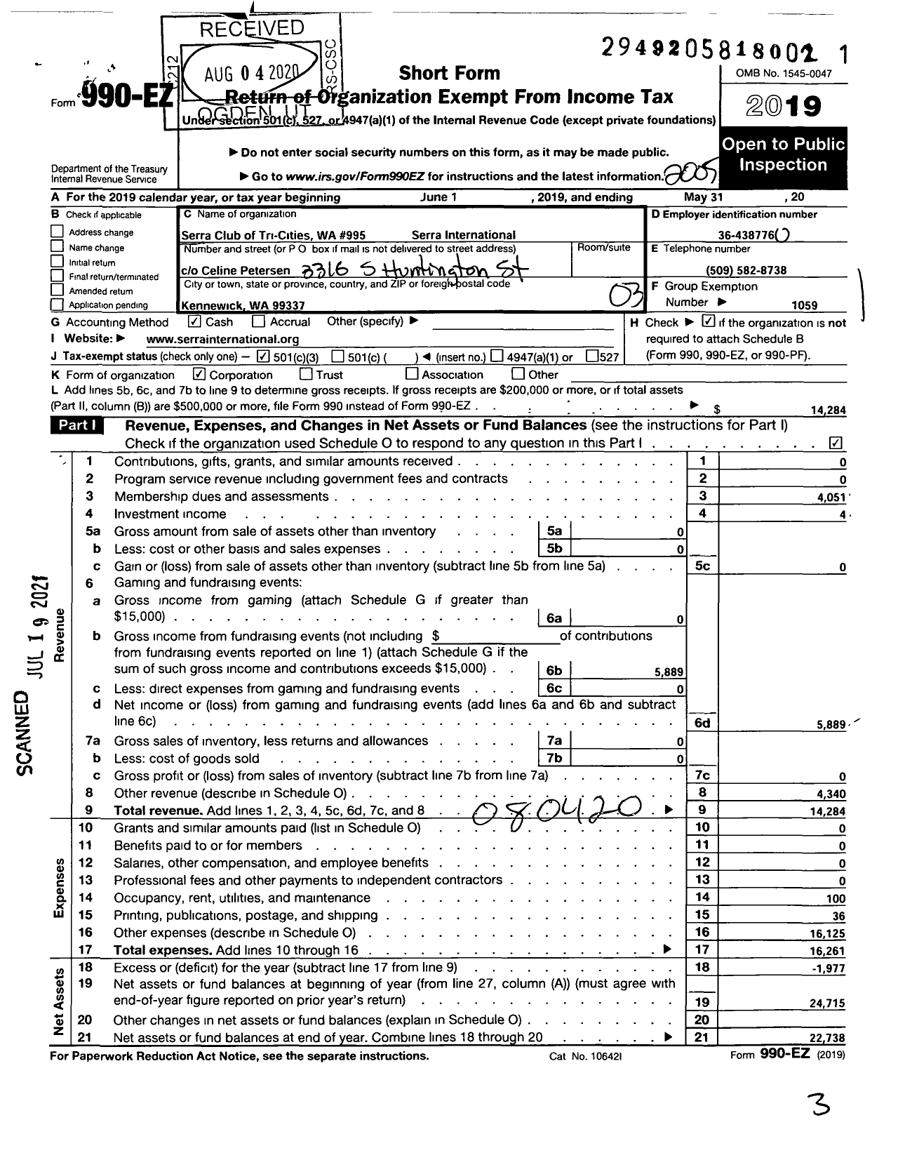 Image of first page of 2019 Form 990EZ for Serra International - 995 Tri-Cities Area